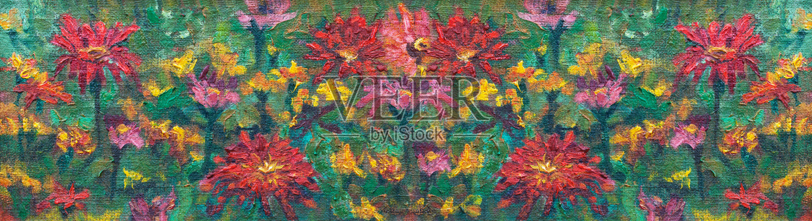 时尚的夏季插图现代艺术作品我的原始油画在画布上的花水平的风景盛开的百日草优雅的金盏花药用花园花坛插画图片素材