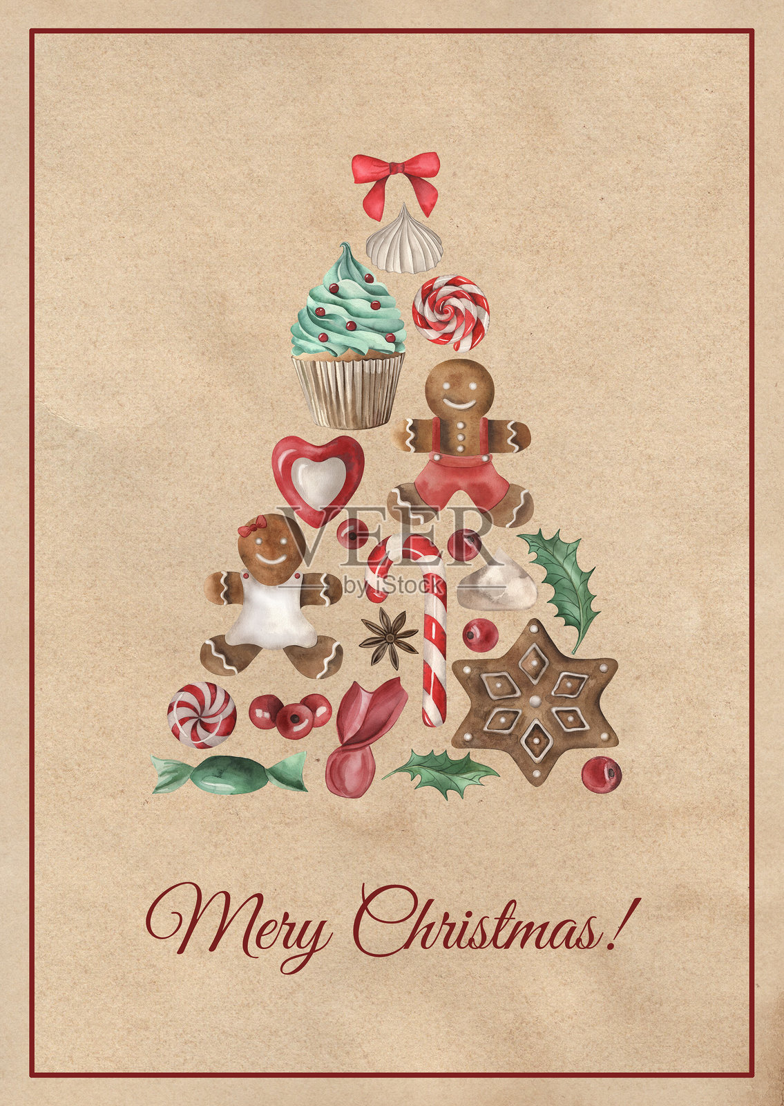 圣诞贺卡，上面装饰着圣诞糖果。棒棒糖、杯子蛋糕、姜饼和糖果以圣诞树的形状组合在一起。插图是用水彩在旧纸上手绘的。照片摄影图片