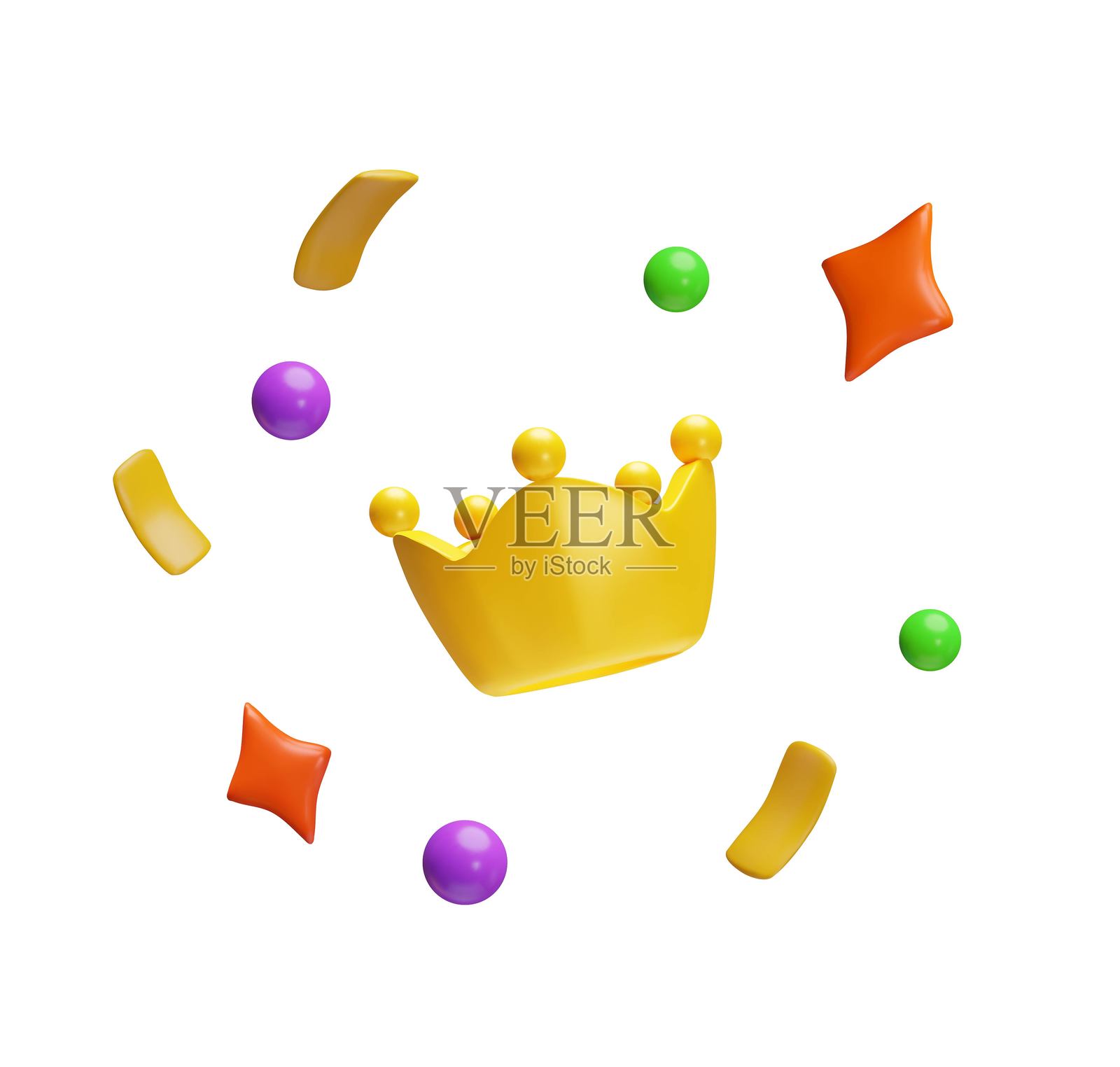 赢家的金色王冠与各种形状的小彩纸片的3D矢量插图。插画图片素材