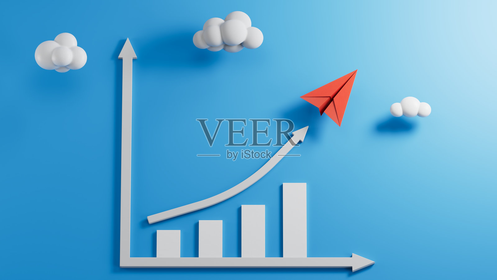 显示增长的分析图表。通货膨胀分析理念概念。新想法。纸艺风格。创意理念。蓝色背景上的3D渲染。照片摄影图片