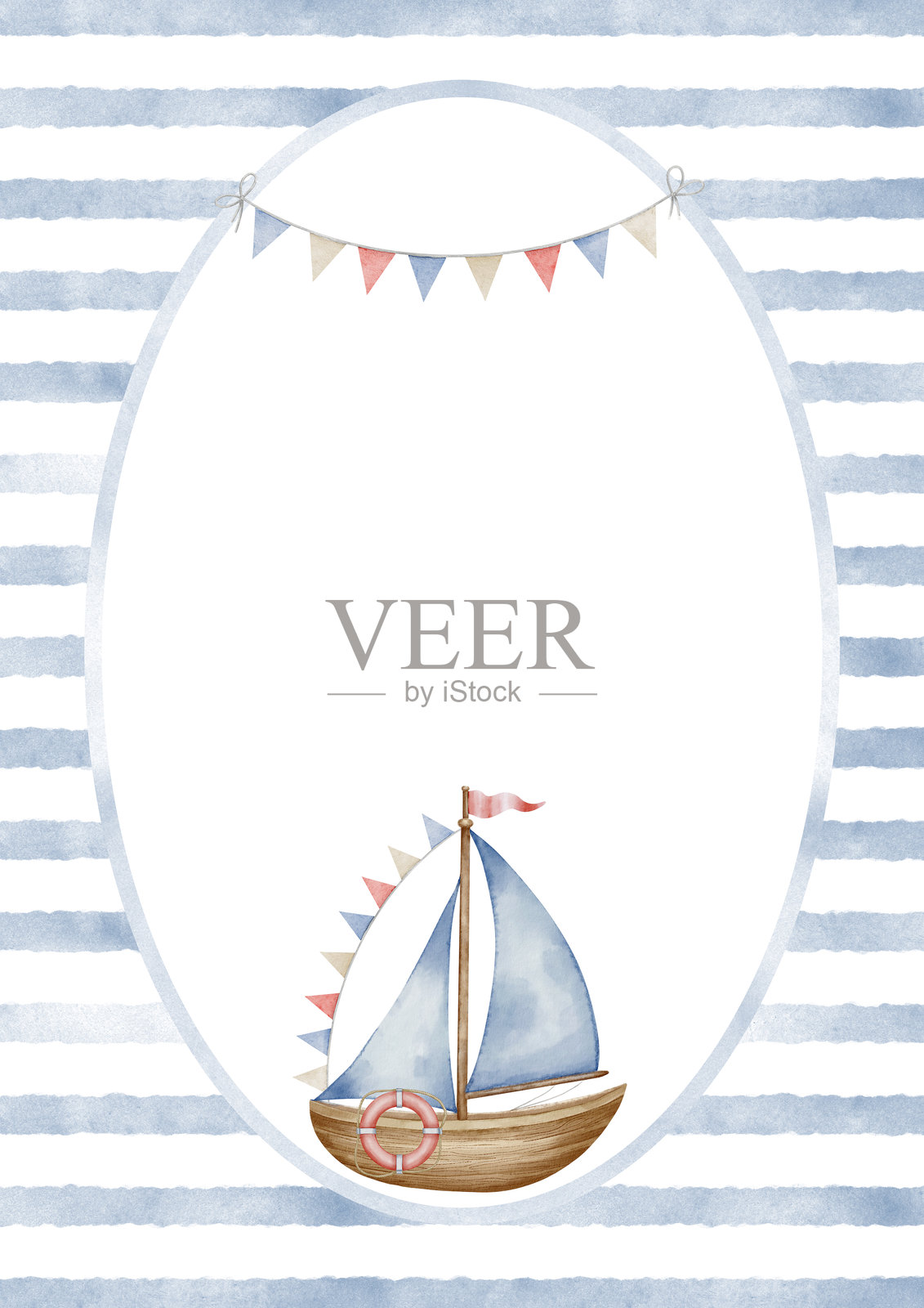 婴儿卡片模板，配有可爱的小水彩船，采用柔和的色彩。插图展示了帆船和条纹背景，适合儿童邀请函。适用于儿童派对或婴儿房海洋主题明信片。照片摄影图片