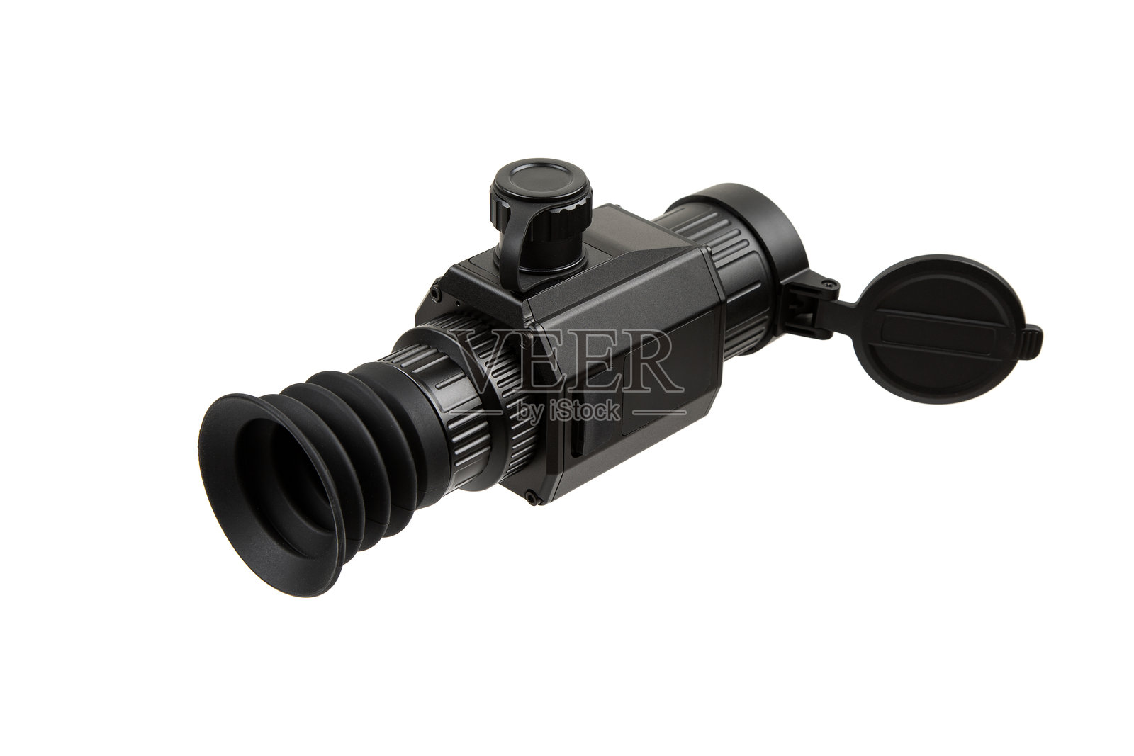 现代单目热成像仪，背景为白色。用于捕捉热辐射的设备。照片摄影图片