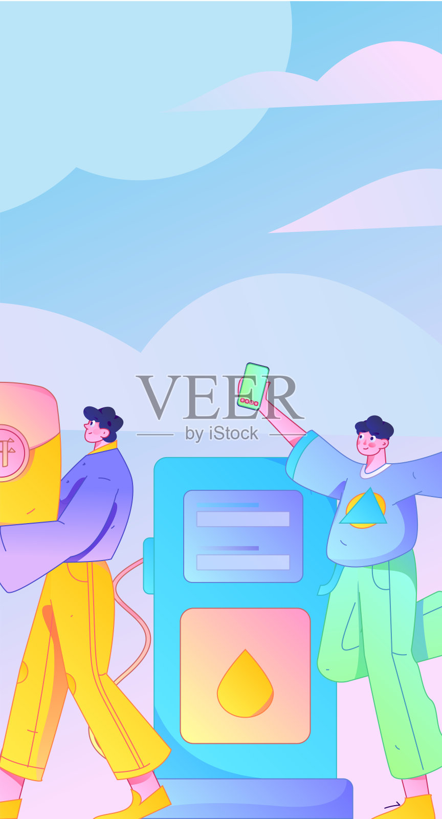 手绘插图：人们在加油时获得折扣的互联网操作插画图片素材