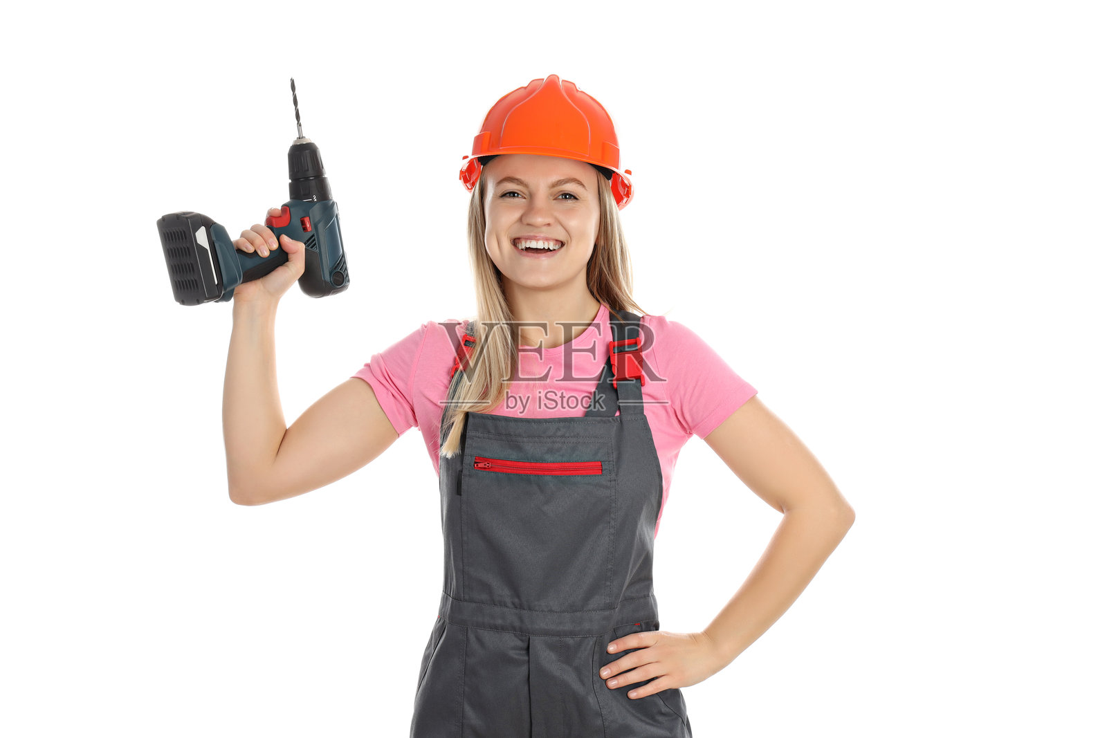 职业概念，身穿制服的年轻女性，背景为白色照片摄影图片