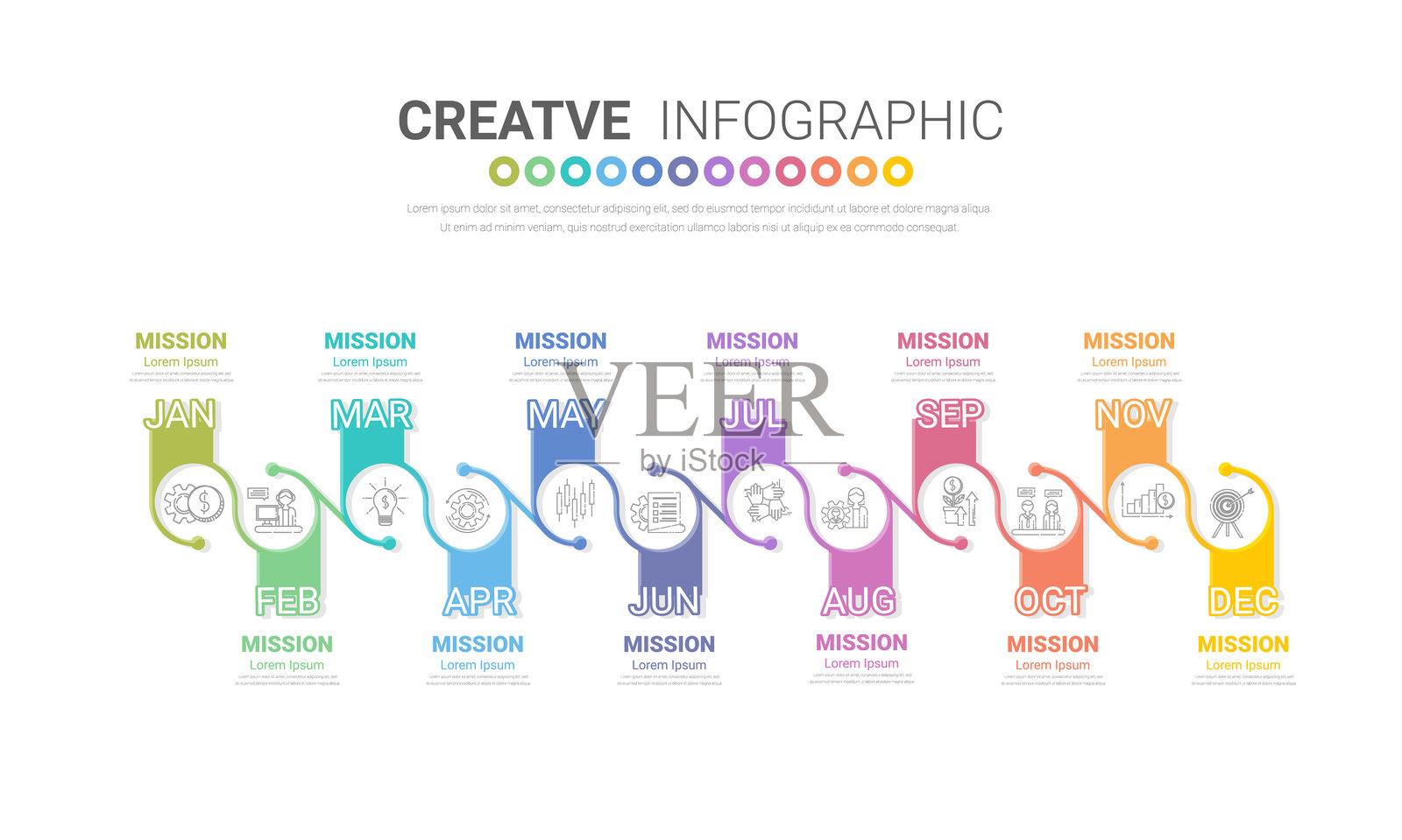 12个月的时间线演示，1年，时间线信息图设计矢量，适用于商业概念的演示，包含12个选项、步骤或流程。插画图片素材
