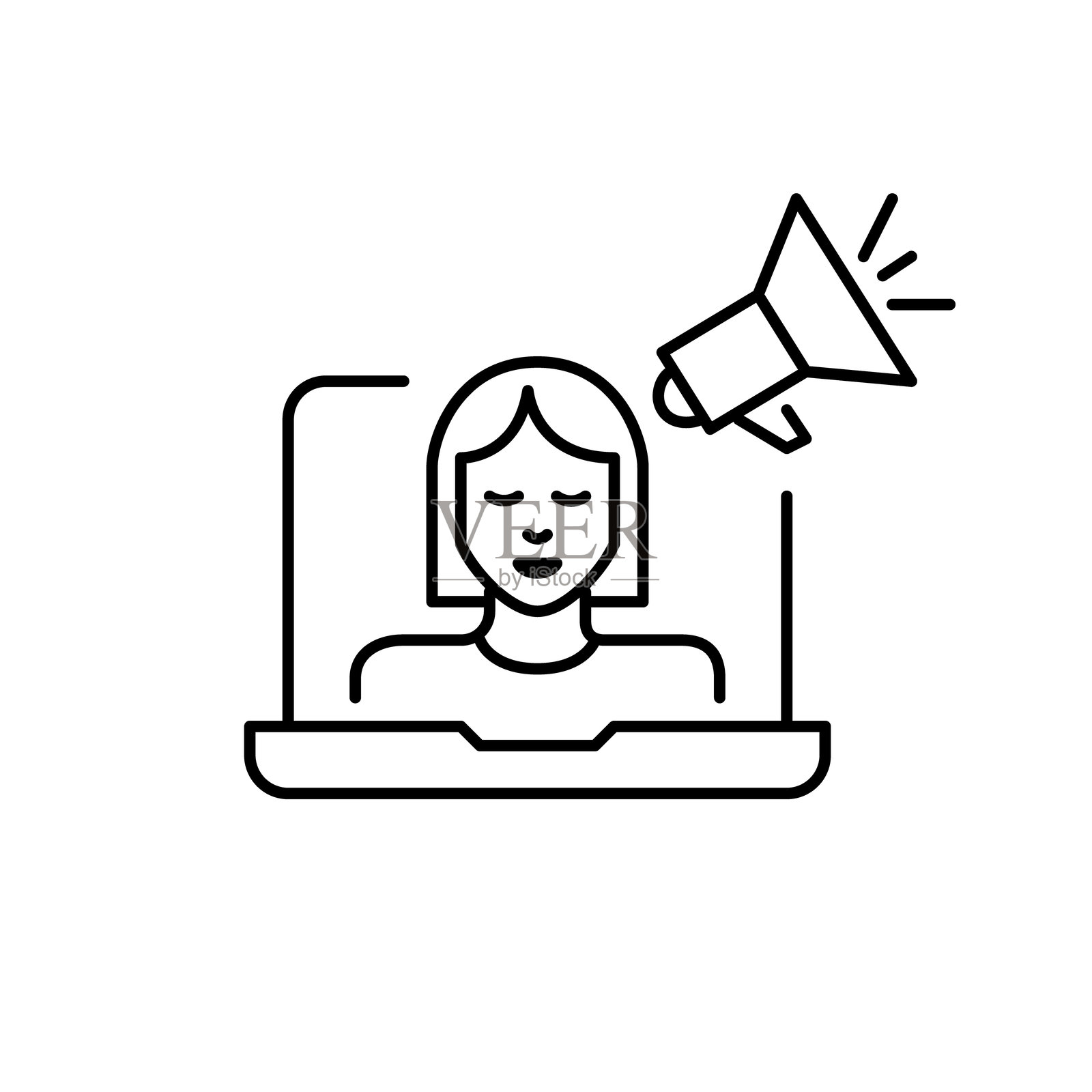 使用笔记本电脑和扩音器的女性。数字营销专家。个人品牌和自我推广，招聘自由职业者。像素完美的矢量图标。插画图片素材