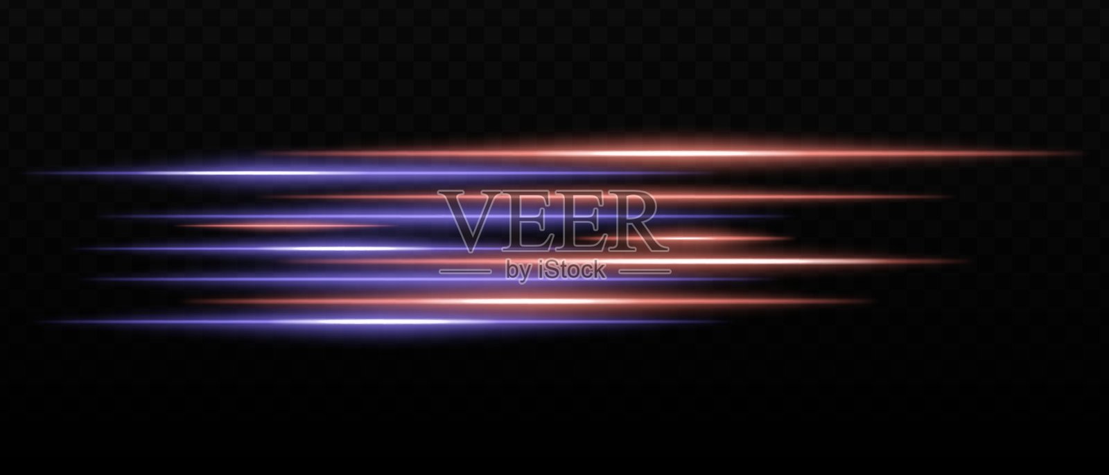 横向红蓝光带，伴随强烈的眩光和未来感的反射。科幻设计、光线过渡和霓虹光辉。黑色背景上的动态光效。插画图片素材