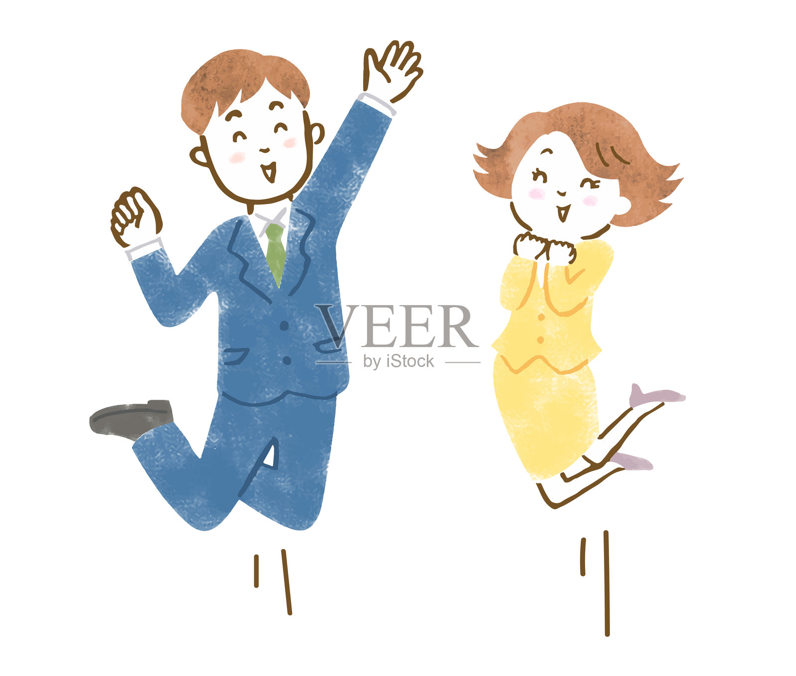 穿着西装的男女快乐地跳跃的剪贴画插画图片素材