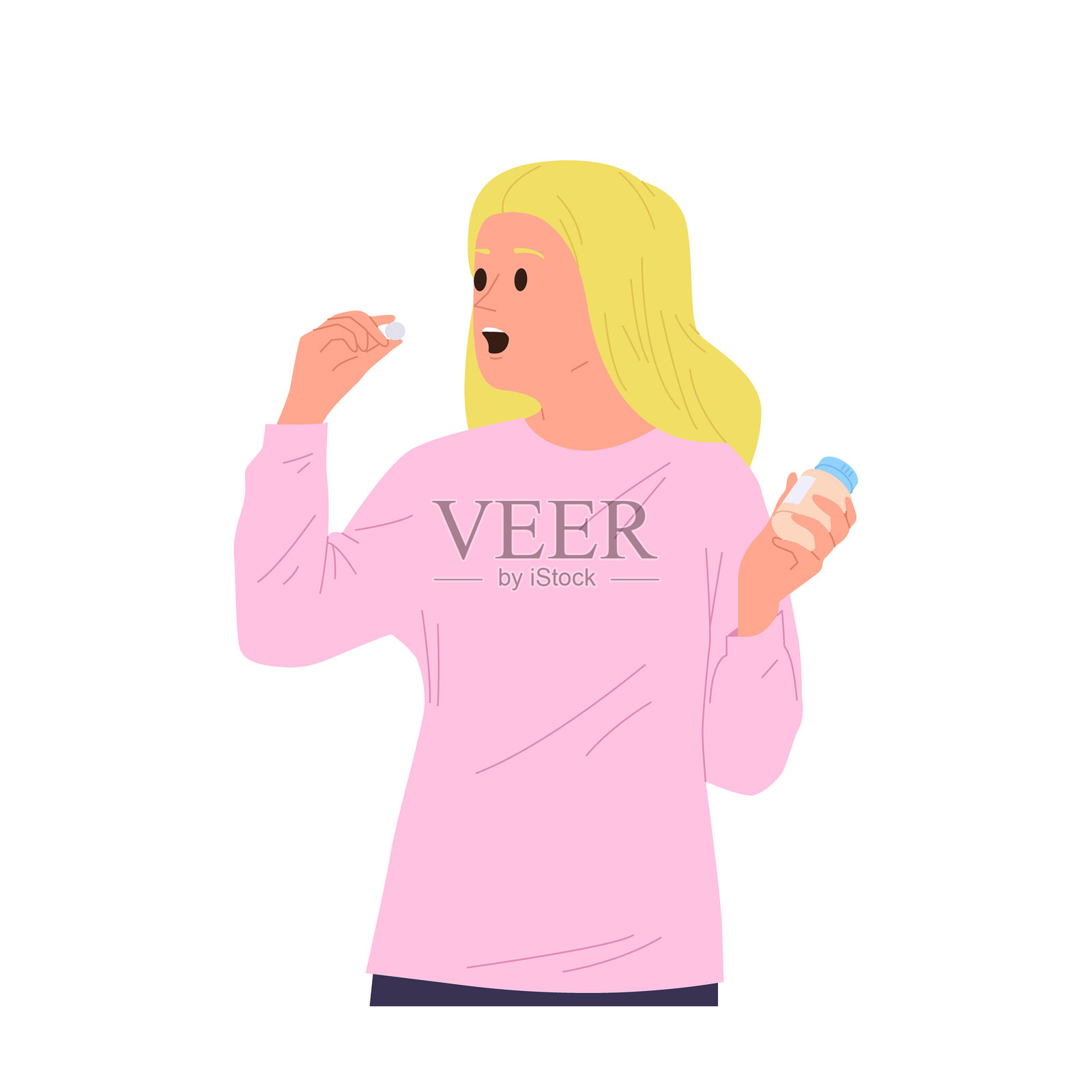 年轻女性卡通角色在白色背景下服用药物以预防疾病插画图片素材