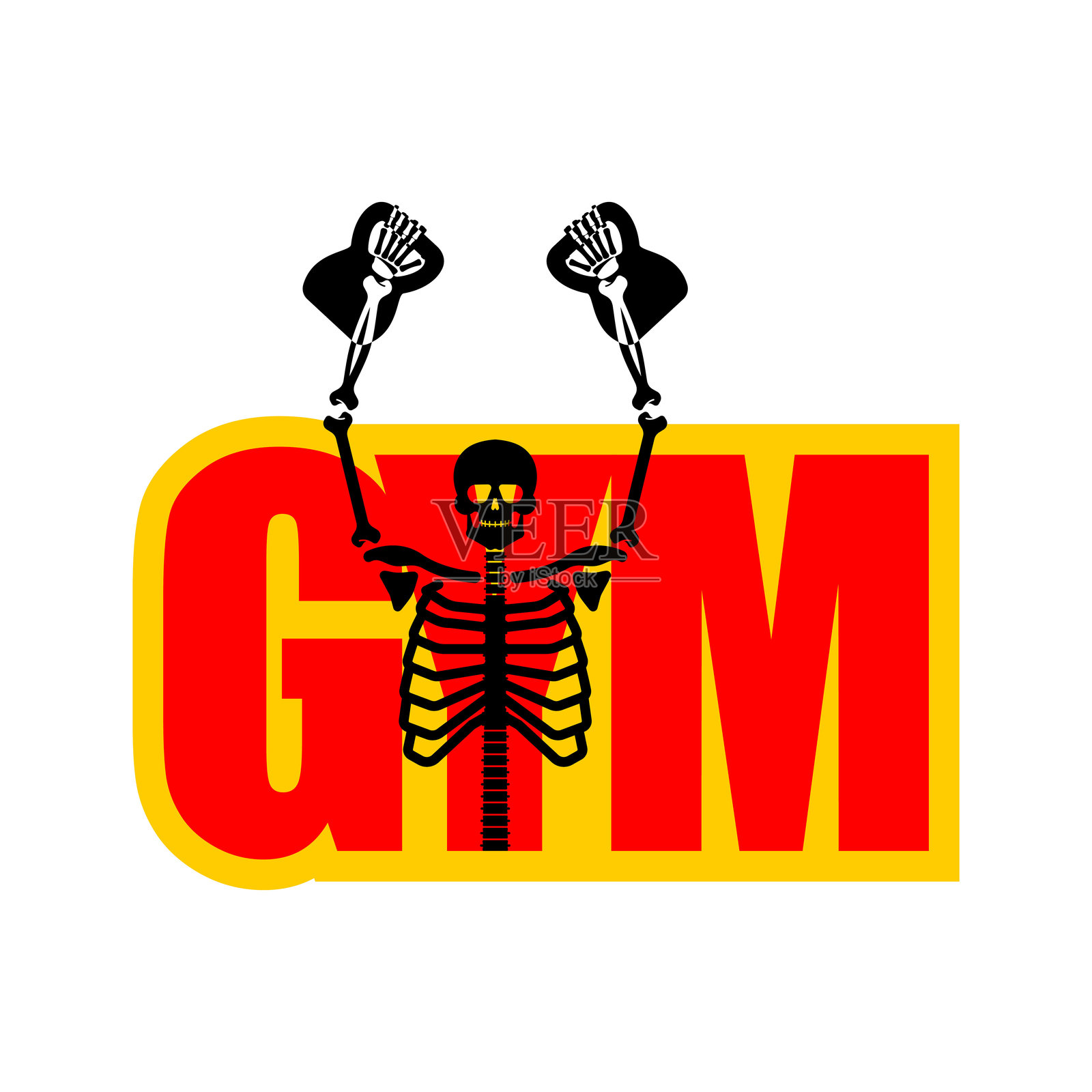 骷髅健身房标志。地狱健身，骷髅与骨头和运动。运动的死者。健身骨骼。骷髅与杠铃和壶铃。插画图片素材