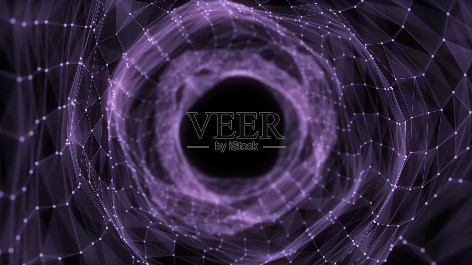 未来科幻圆形传送门在太空中。3D人工智能隧道，带有点和线。抽象数字虫洞数据。通过漏斗流动的粒子。黑色背景上的幻想圆形漩涡。3D渲染。照片摄影图片