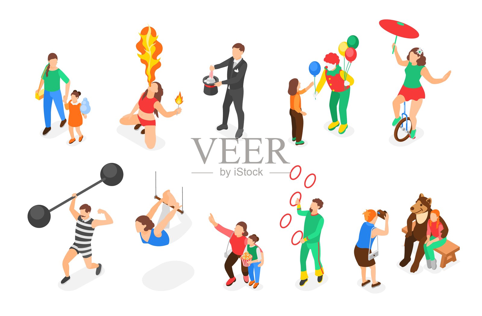 等距的马戏团艺术家和观众。魔术师、小丑、特技演员、空中飞人、杂技演员。街头剧场艺术家，儿童和成人娱乐，完美的矢量角色。插画图片素材