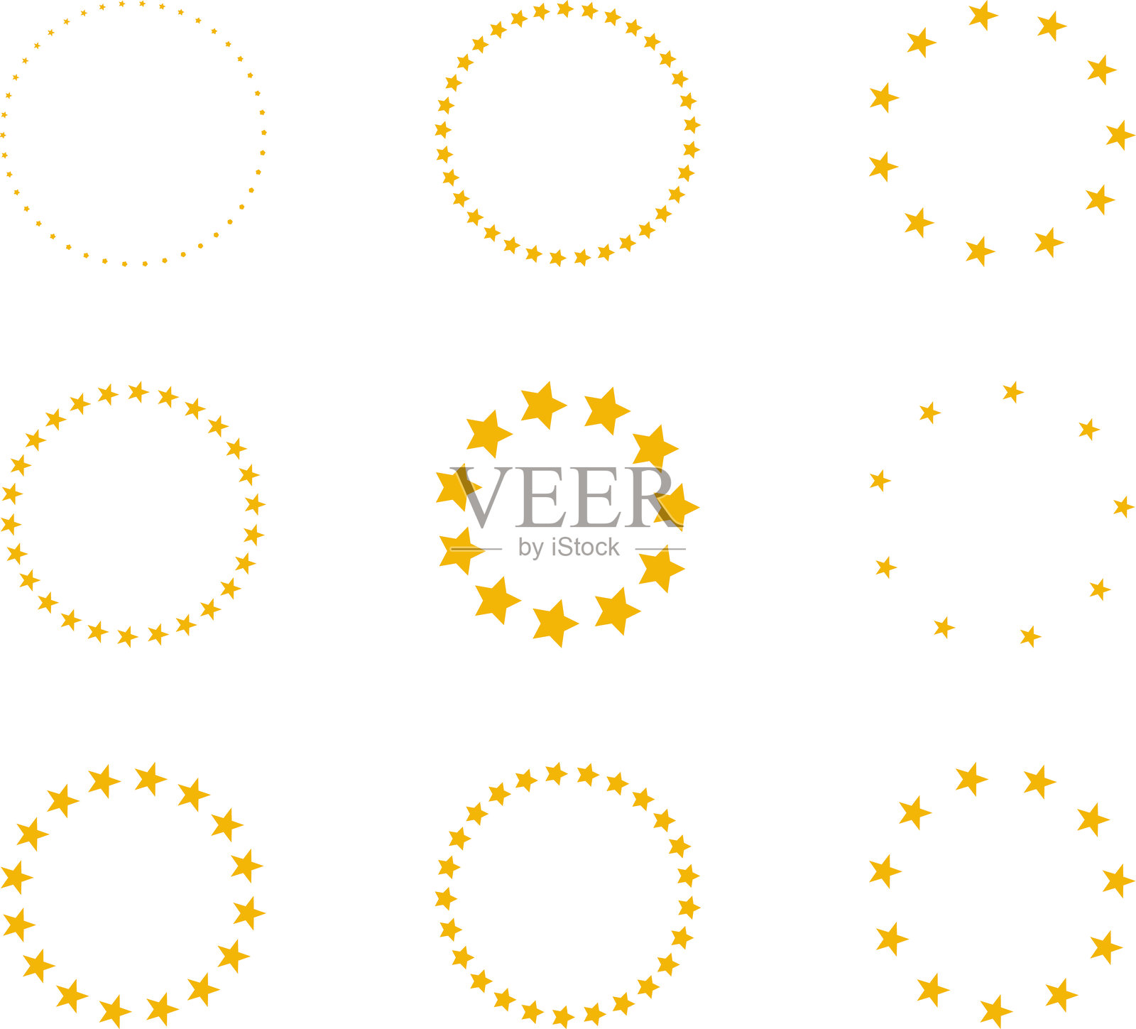 各种大小的星星排列成一个圆圈。黑色星形，圆形框架，边框矢量图像。插画图片素材