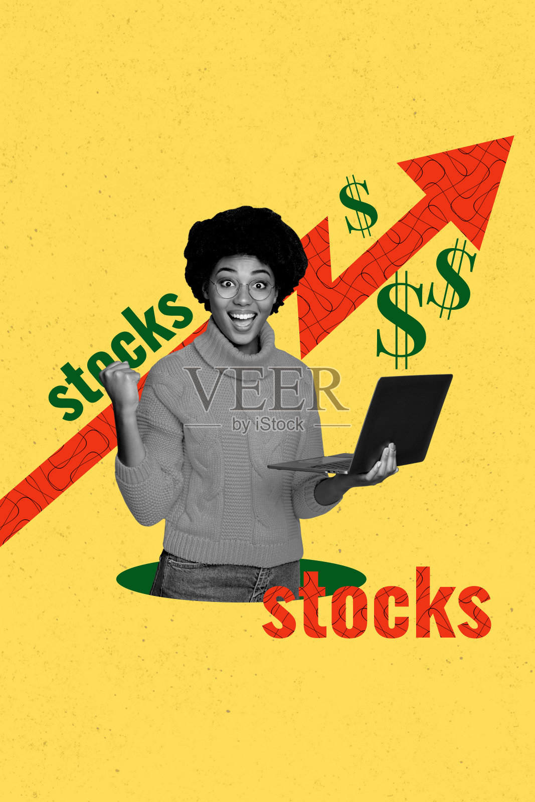 快乐的美国女孩手持笔记本电脑，展示商业收入和股票发展的垂直照片拼贴，背景为涂鸦风格。照片摄影图片