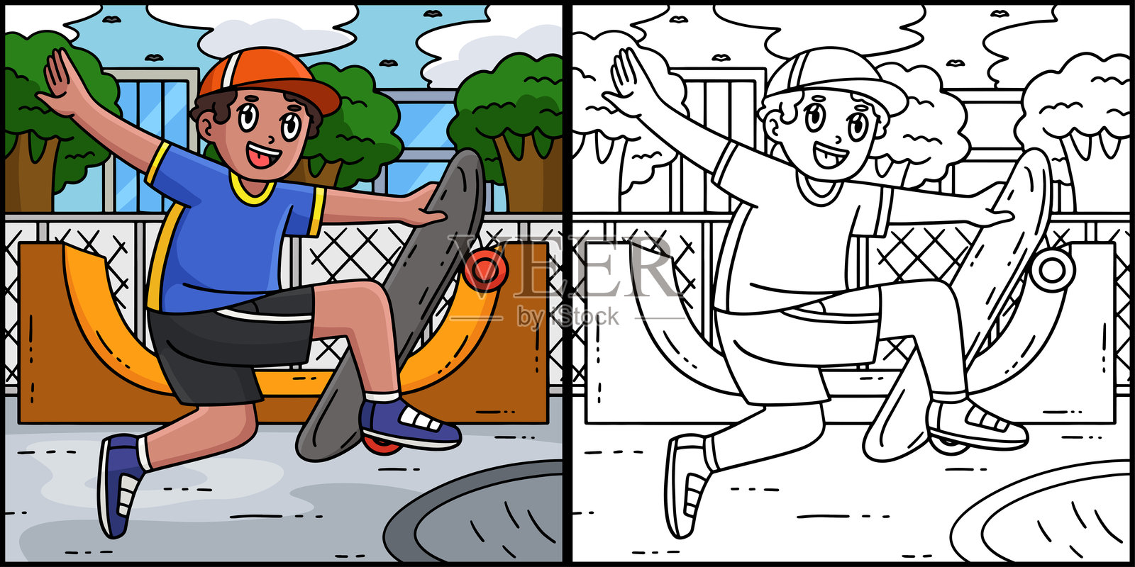 滑板男孩与空中行走技巧插图插画图片素材