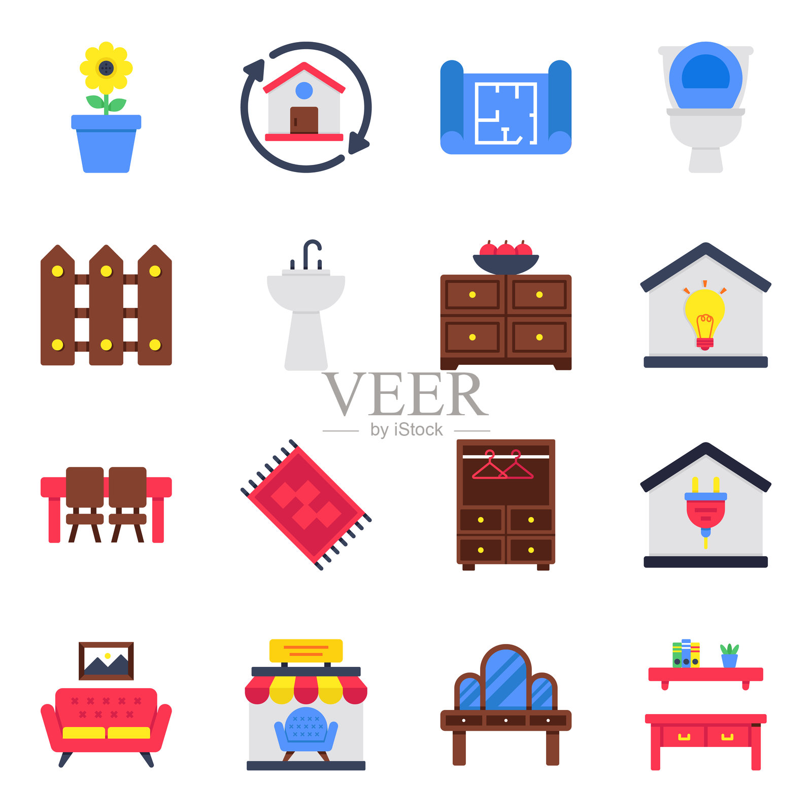 家居用品平面图标集插画图片素材