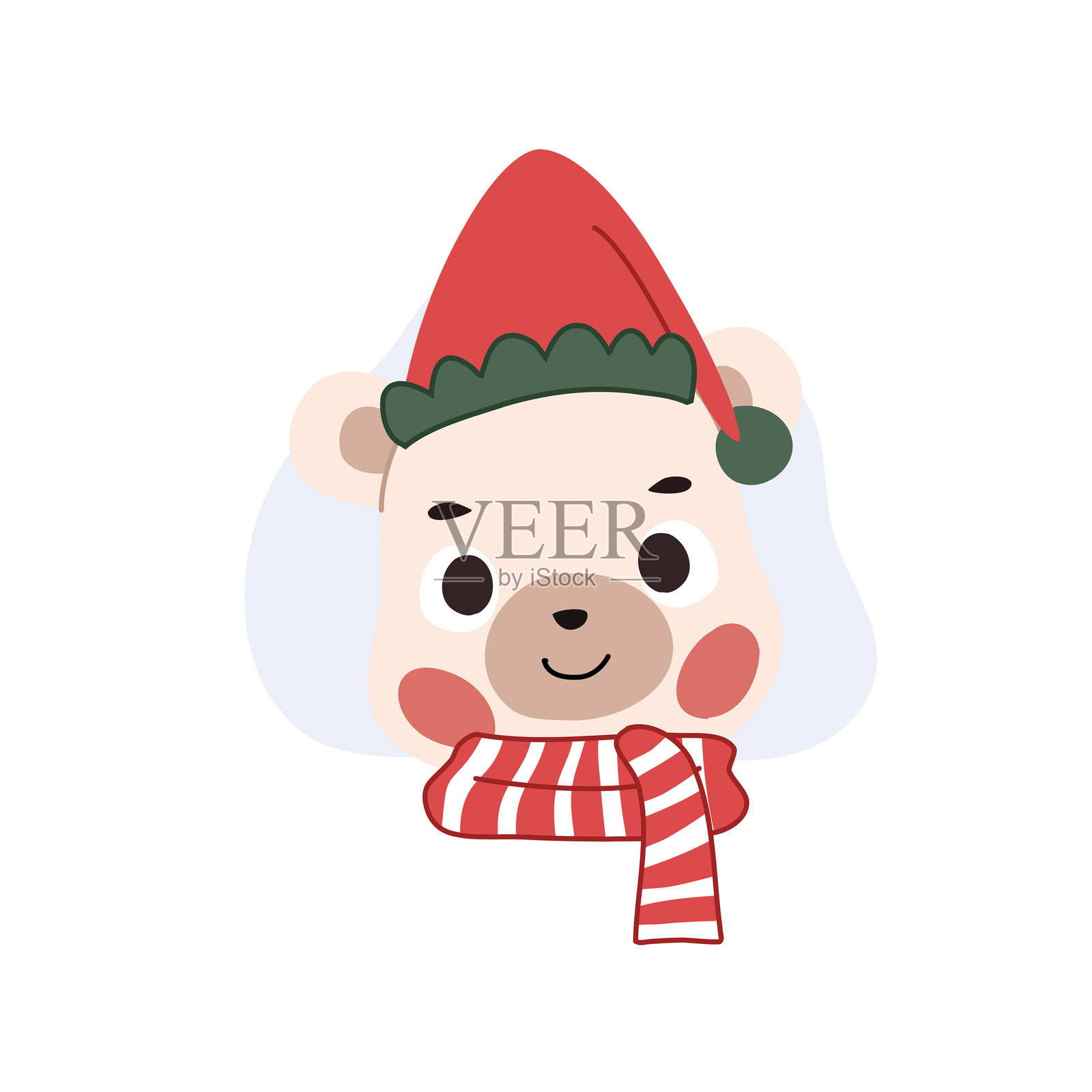 可爱的北极熊穿着圣诞服装，围着五彩斑斓的围巾，开心地微笑。插画图片素材