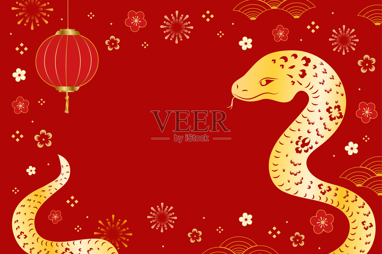 金色蛇年春节贺卡，背景为红色传统灯笼插画图片素材