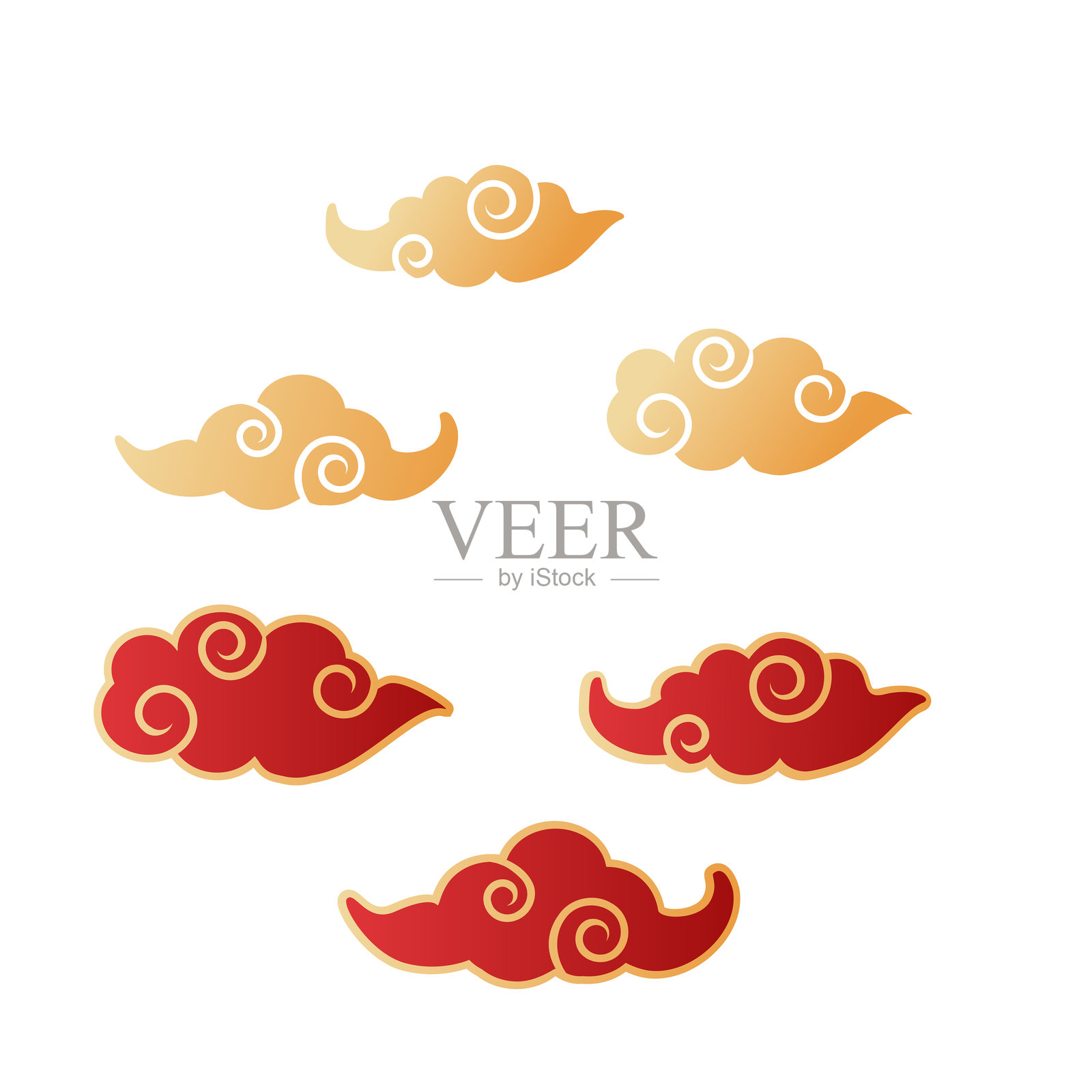 装饰性的红色和金色东方云彩，带有旋涡图案，适合优雅设计使用插画图片素材