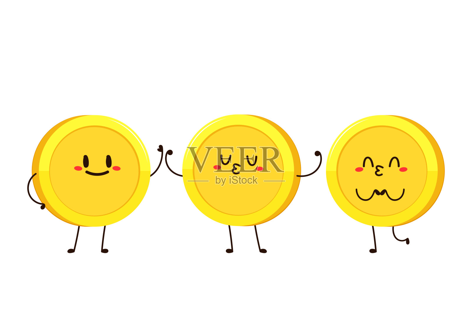 不同姿势的金币。钱币角色。幽默的矢量卡通角色，独立于白色背景。插画图片素材