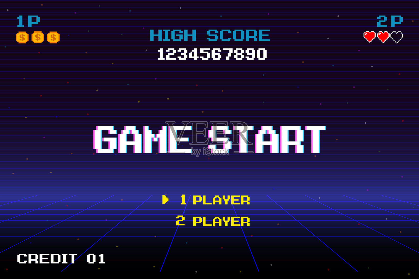 游戏开始。像素艺术。8位游戏。复古游戏。用于游戏资产的矢量插图。街机游戏。插画图片素材