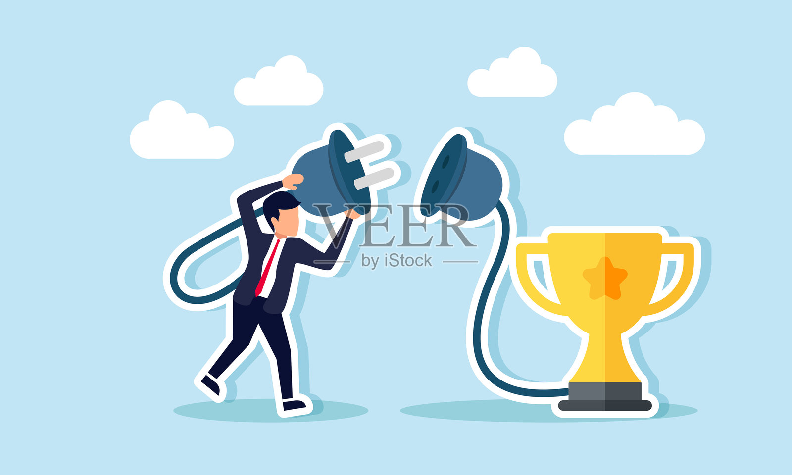 一位商人打算插入一根连接奖杯的电源线，插图展示了在竞争对手和市场中对成就奖项的需求。插画图片素材