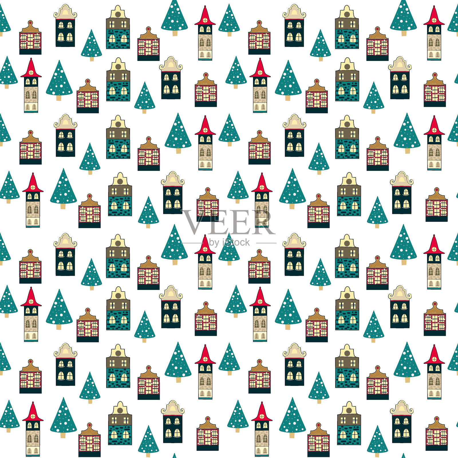 无缝图案，包含房屋和树木，可爱的房子，复古房屋插画图片素材