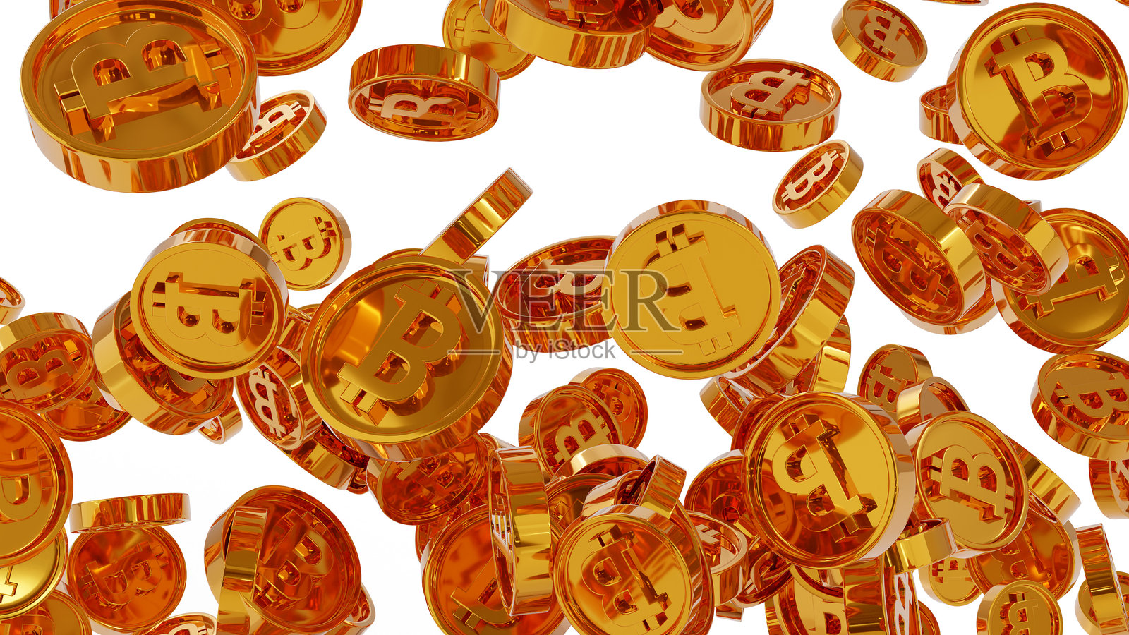 3D动画卡通比特币加密货币从盒子里跳出来。照片摄影图片