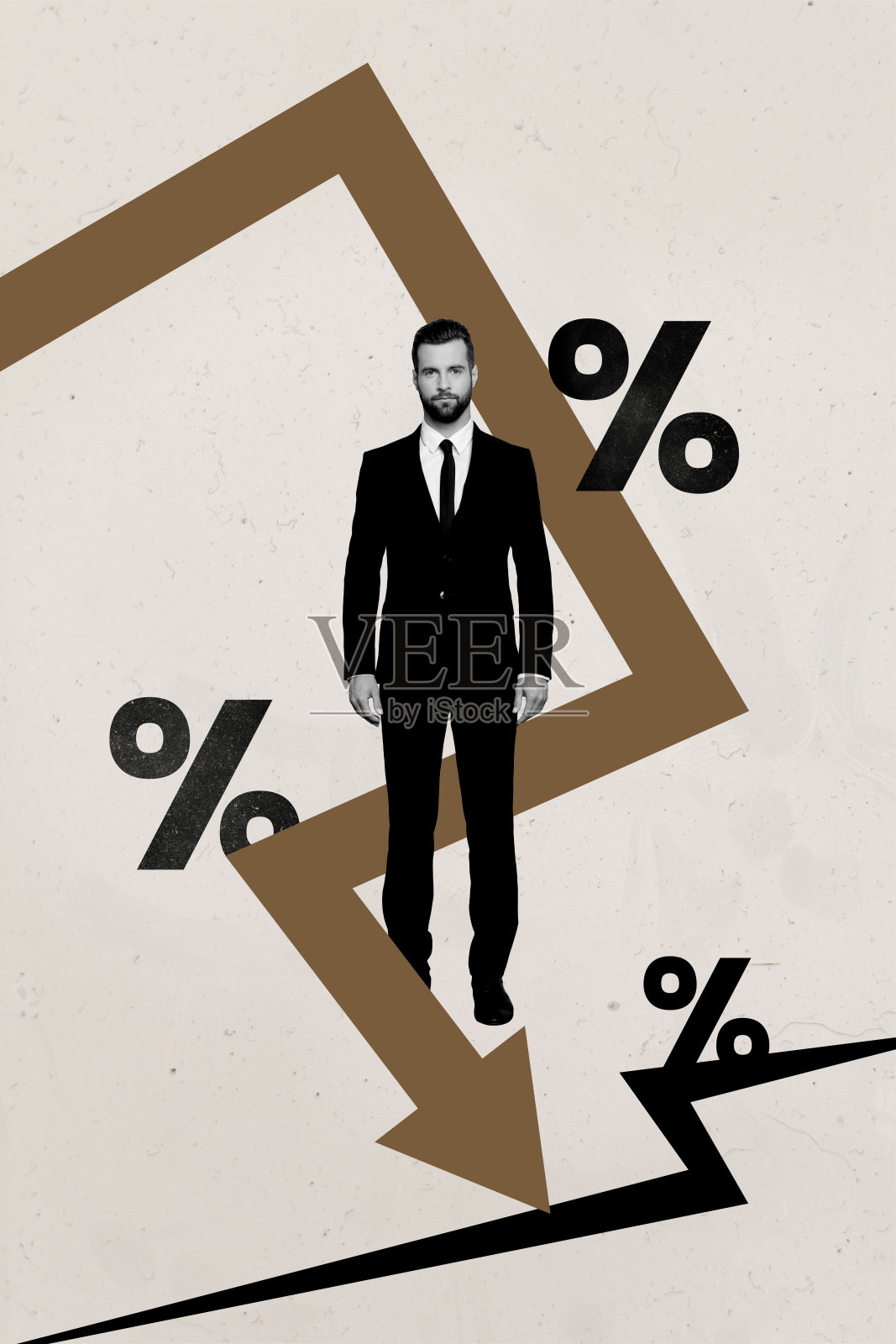 年轻商人经济金融衰退率百分比的垂直海报拼贴，穿着正式西装，背景为绘画风格照片摄影图片