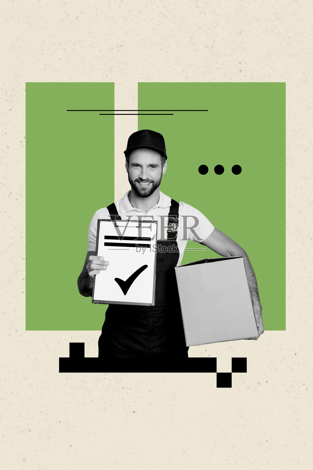 独特的垂直图片拼贴画，展示微笑的邮递员为您送达包裹，背景为绿色。照片摄影图片