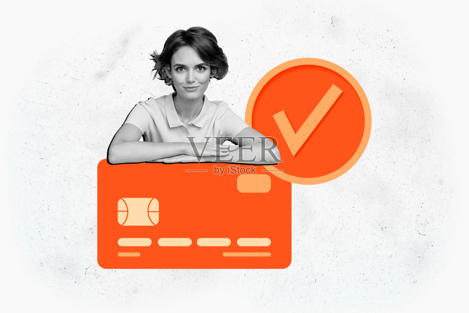 工作、商业、金钱、硬币堆、富有、比特币、年轻女士、信用卡、勾选完成的综合趋势艺术作品草图照片拼贴照片摄影图片