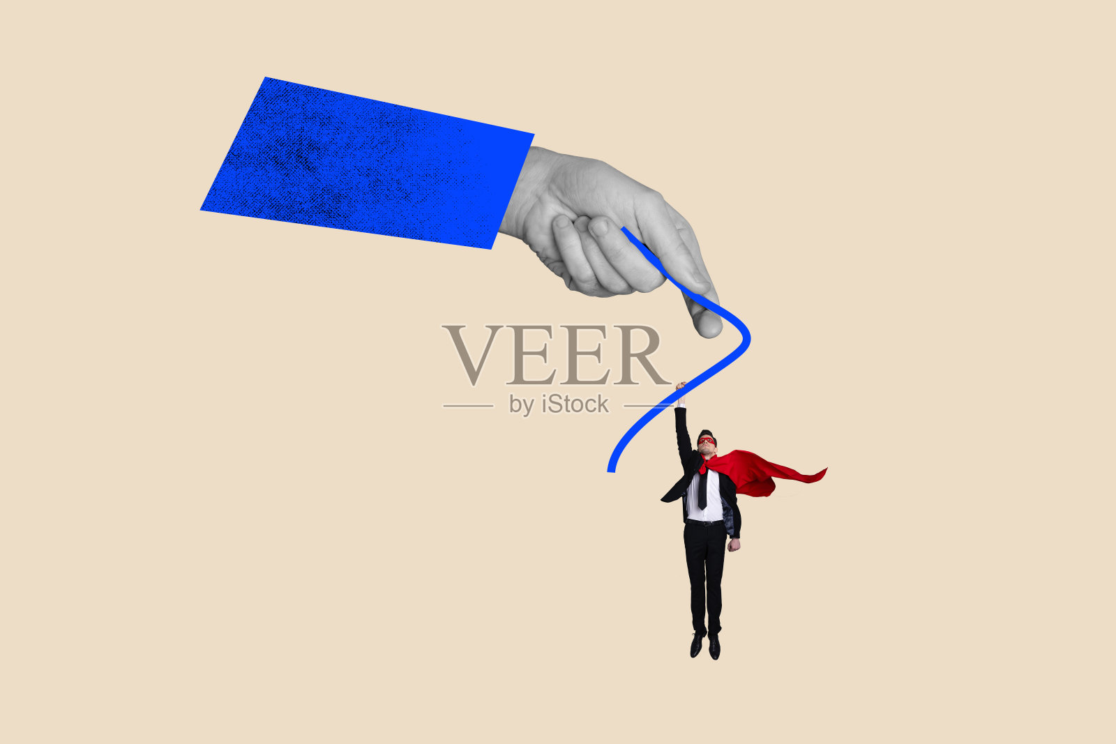 商业人士合作的拼贴照片，手握绳索支持，穿着超级英雄服装的男人，背景为涂鸦风格。照片摄影图片