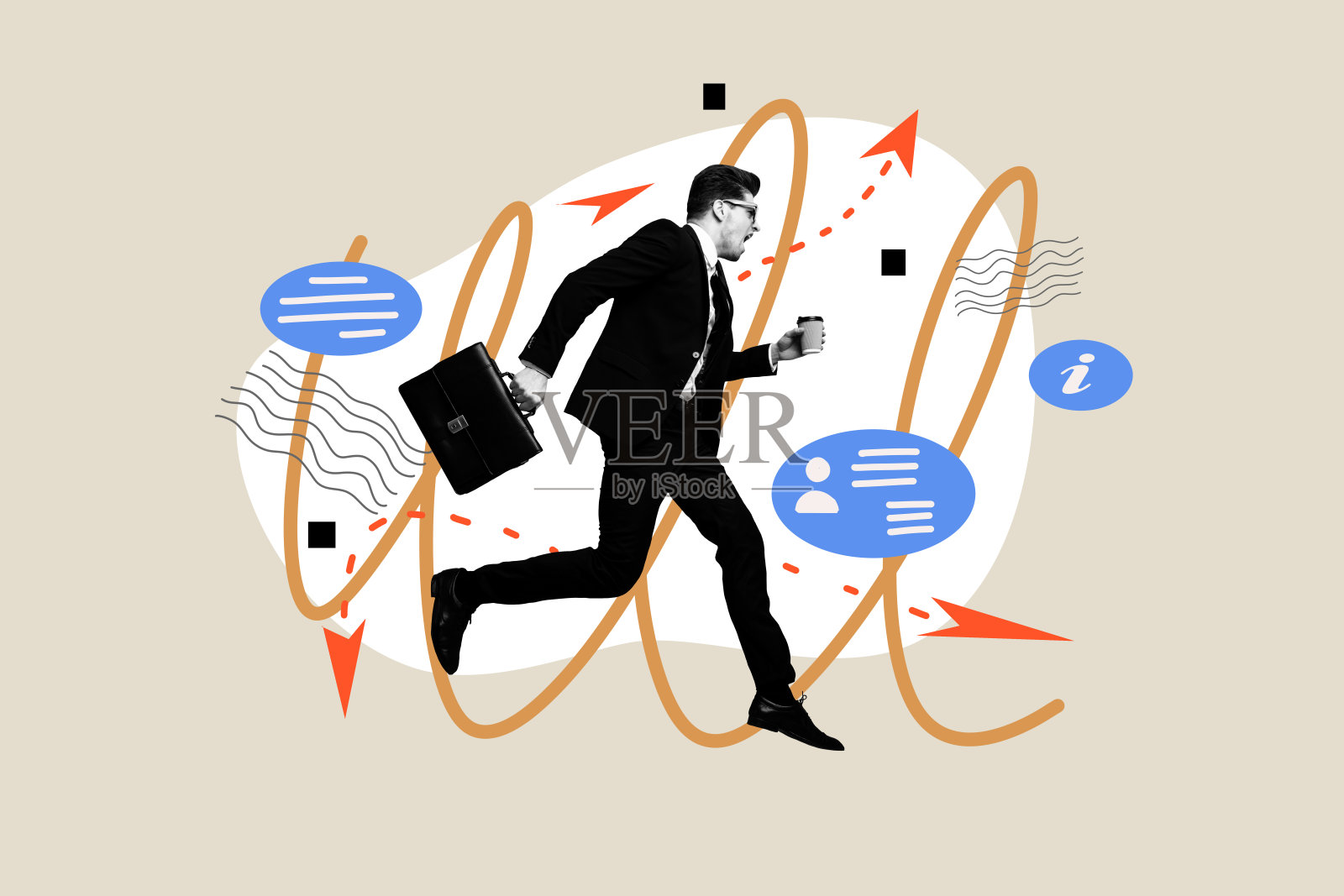 严肃商人手持咖啡杯，运行箭头发展界面的合成照片拼贴，背景为涂鸦风格。照片摄影图片