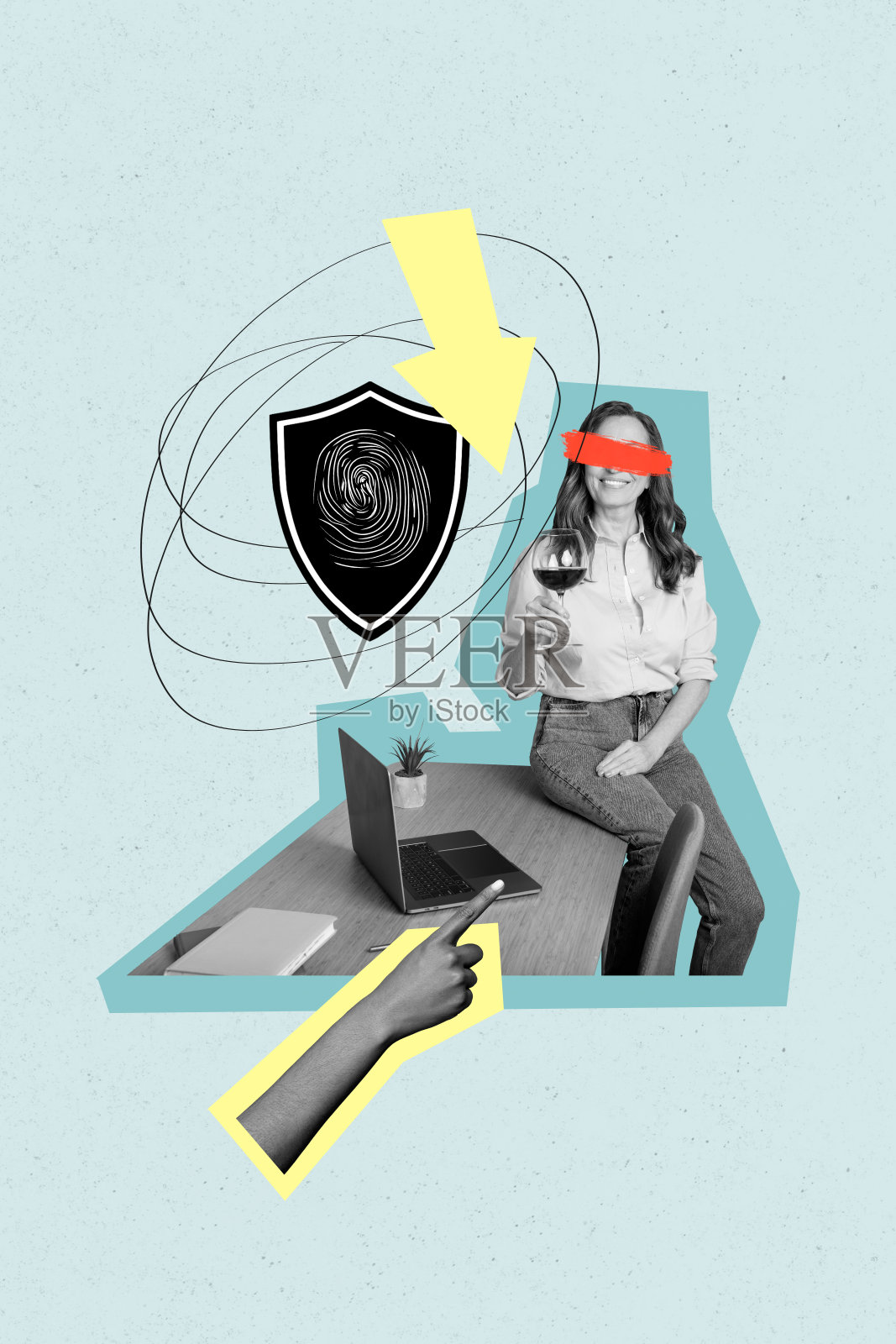 快乐女孩在工作场所手持酒杯的垂直照片拼贴，背景为涂鸦风格，涉及指纹访问和网络安全解码。照片摄影图片