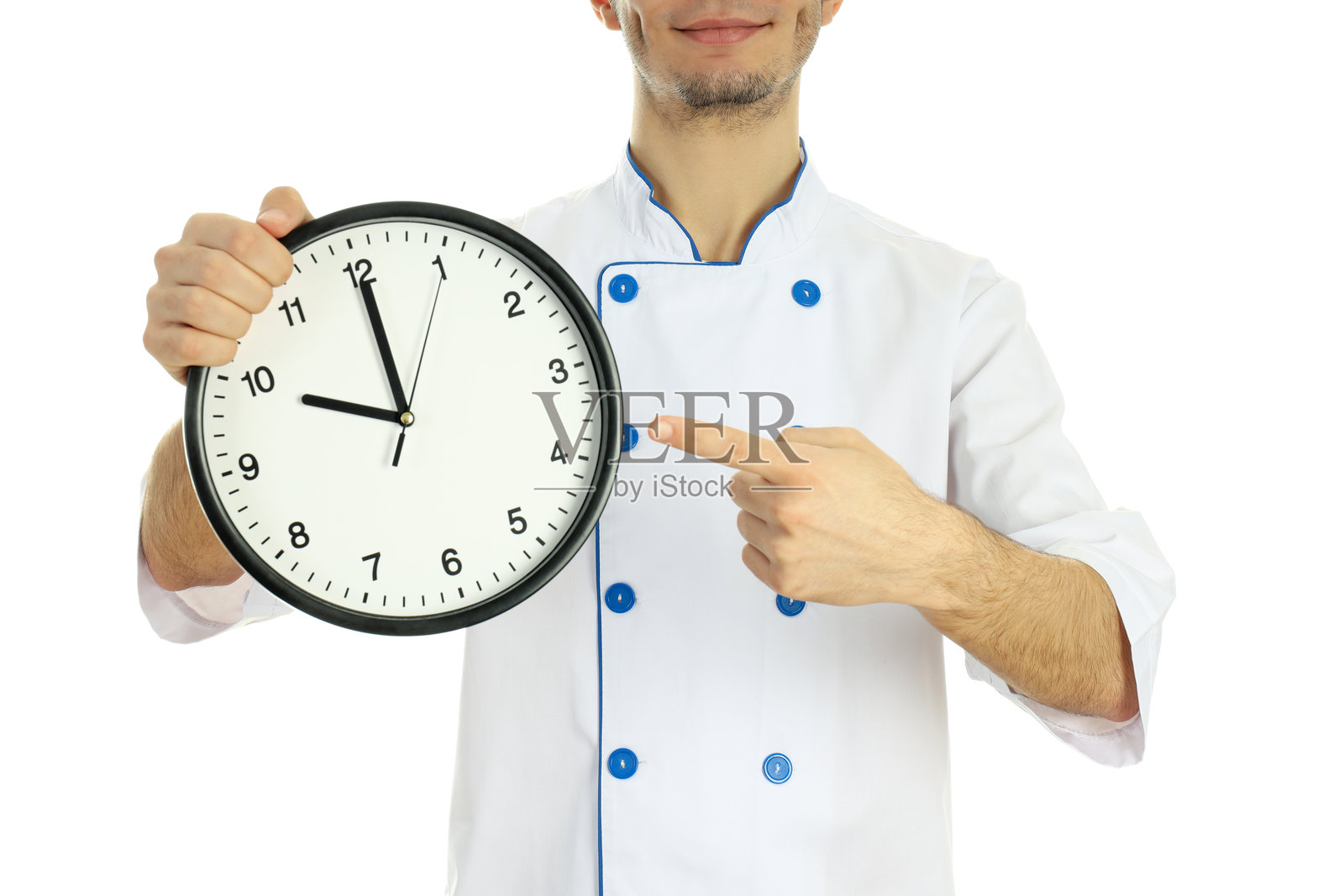 烹饪概念，厨师与时钟在白色背景上独立展示照片摄影图片