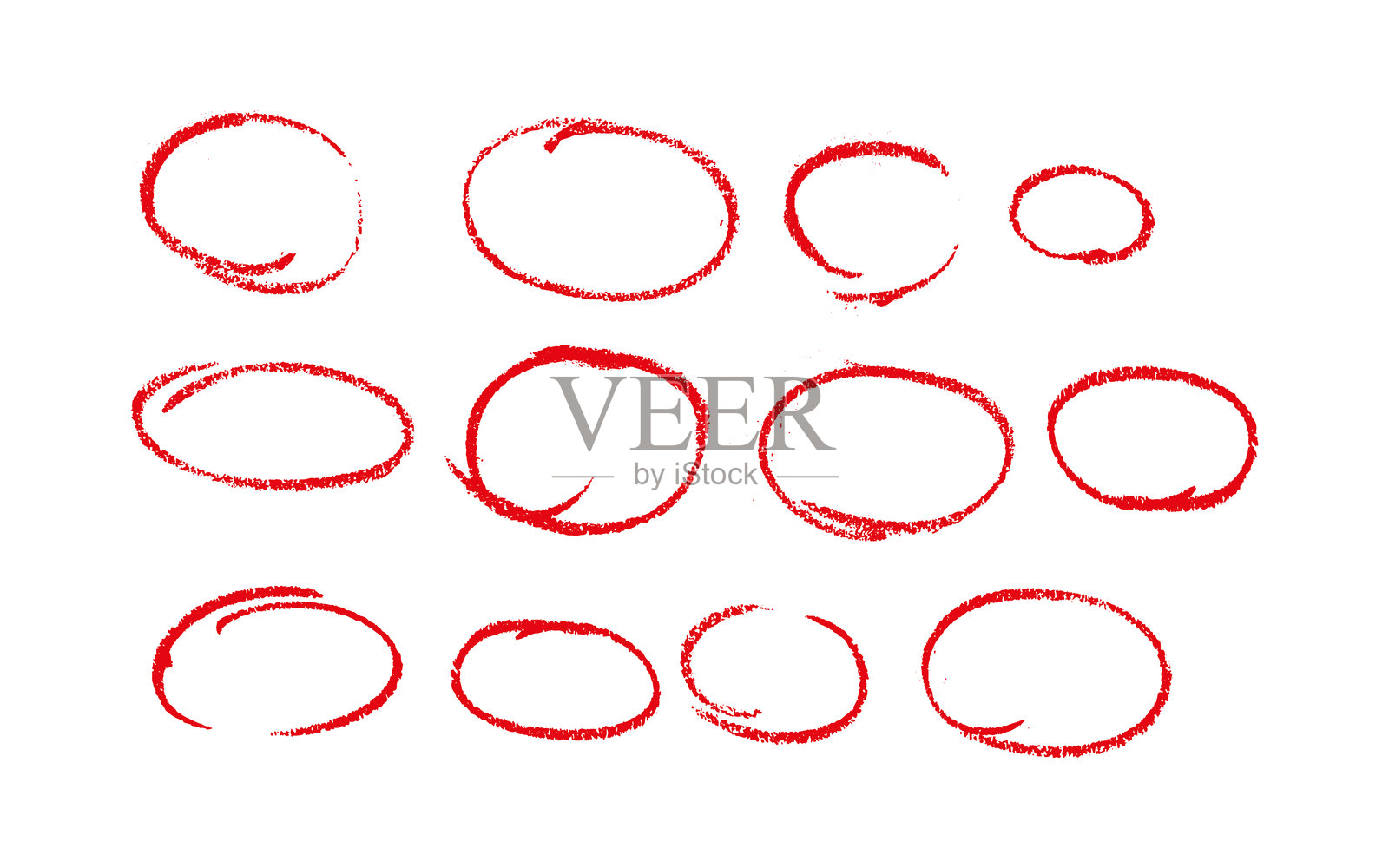一组在白色背景上手工绘制的椭圆草图轮廓，使用单线记号笔。一个空白元素用于标记，突出重要内容。插画图片素材