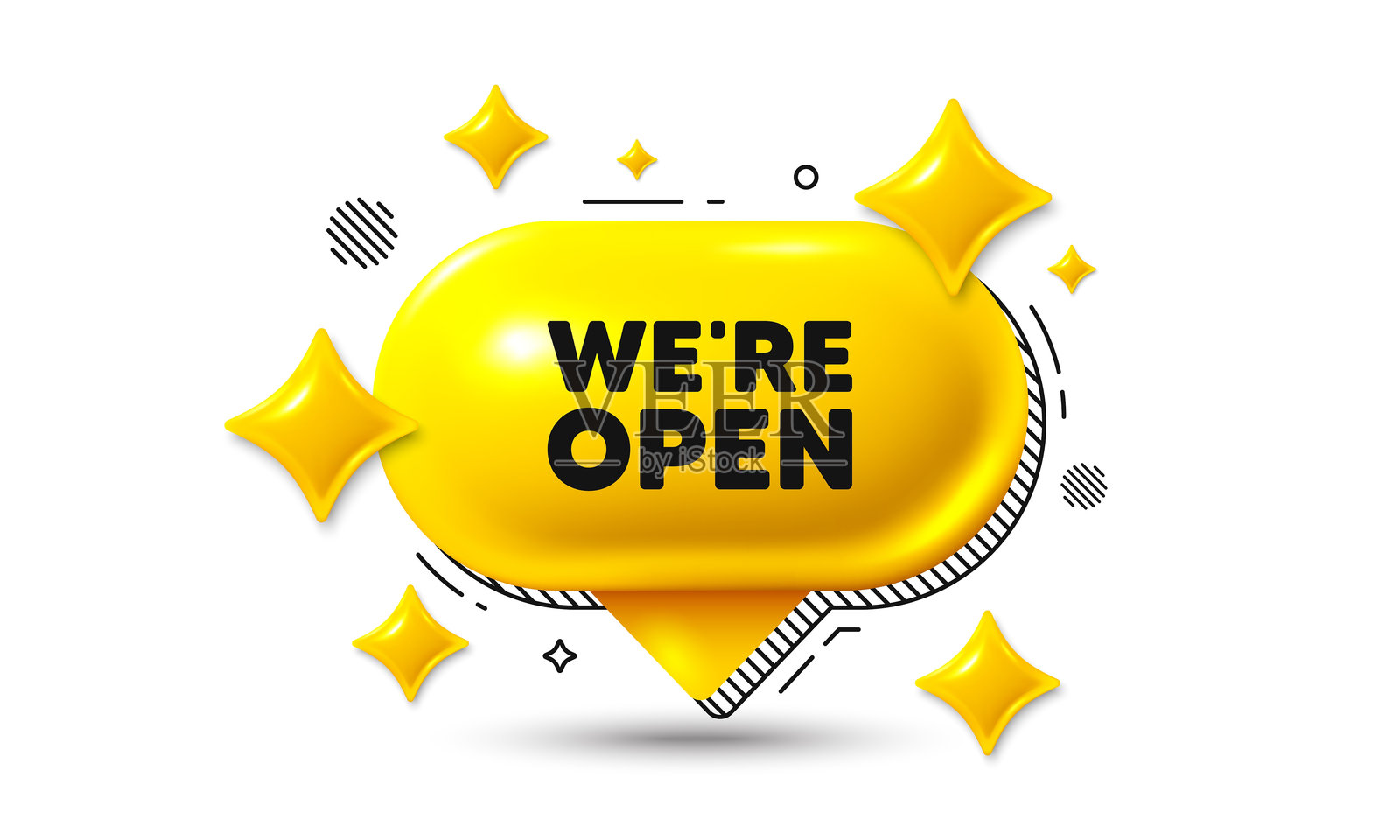 我们开放标签。推广新业务的标志。聊天气泡3D图标。矢量图。插画图片素材