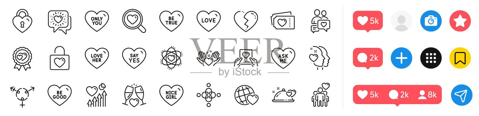 爱情锁、爱她和婚礼眼镜线条图标包。用于网页应用。社交媒体图标。矢量图。插画图片素材