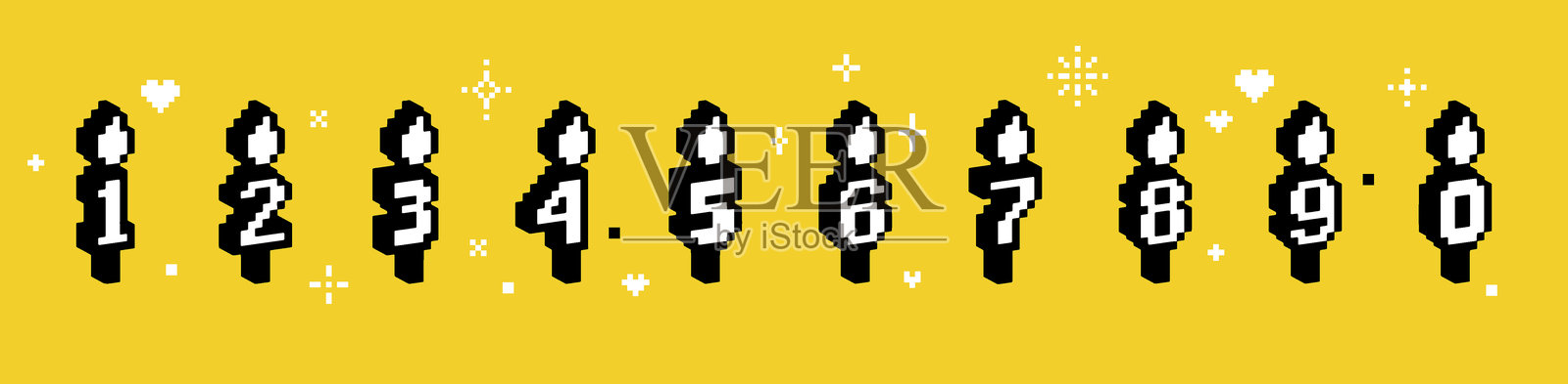 3D快乐生日蜡烛数字套装。像素艺术。活动装饰元素插画图片素材