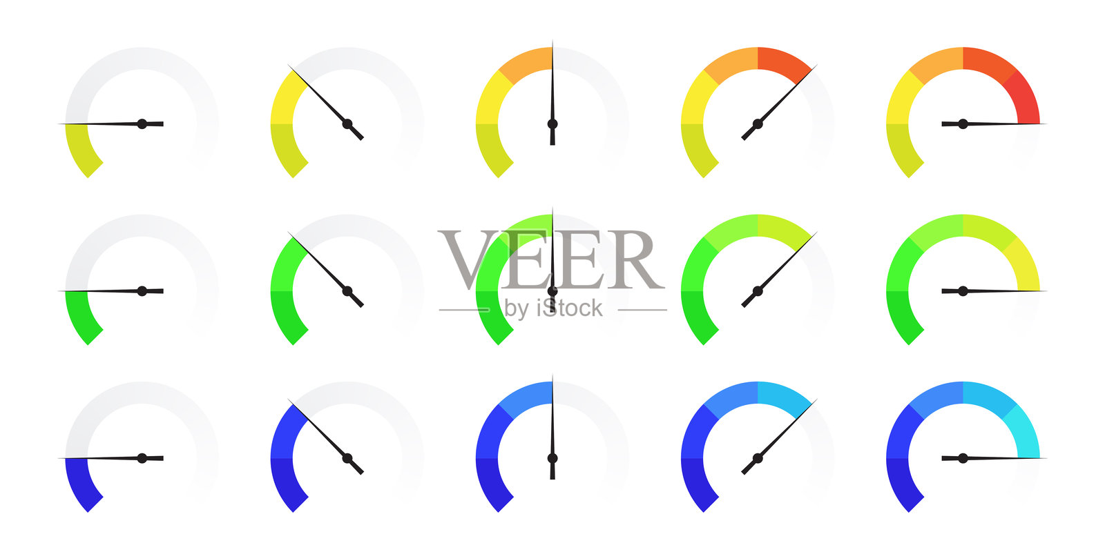 一组仪表图标，包括速度计、转速计、百分比表和刻度盘仪表。插画图片素材