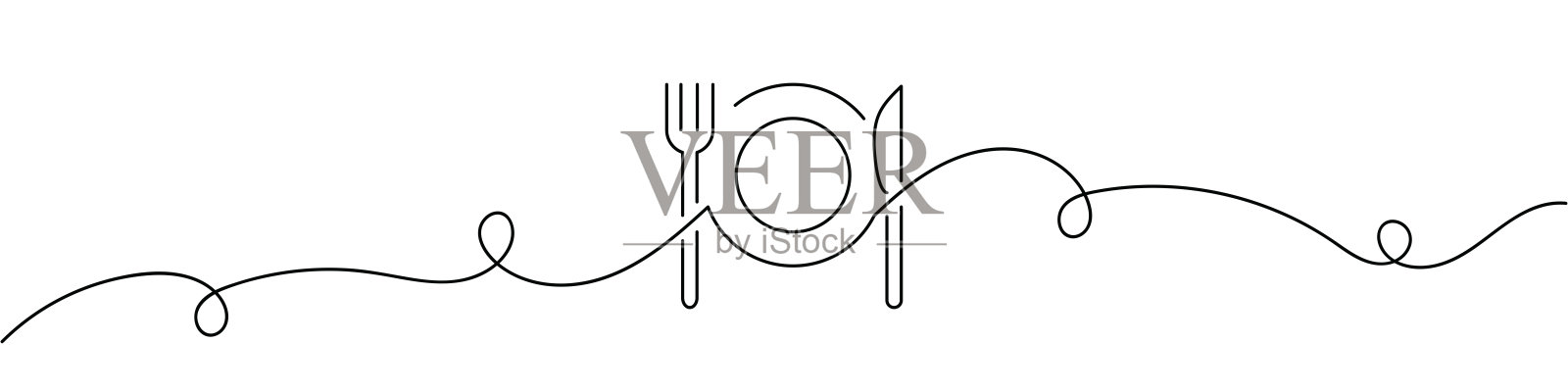 一笔连续线条绘制的餐具图标。单线矢量插图插画图片素材