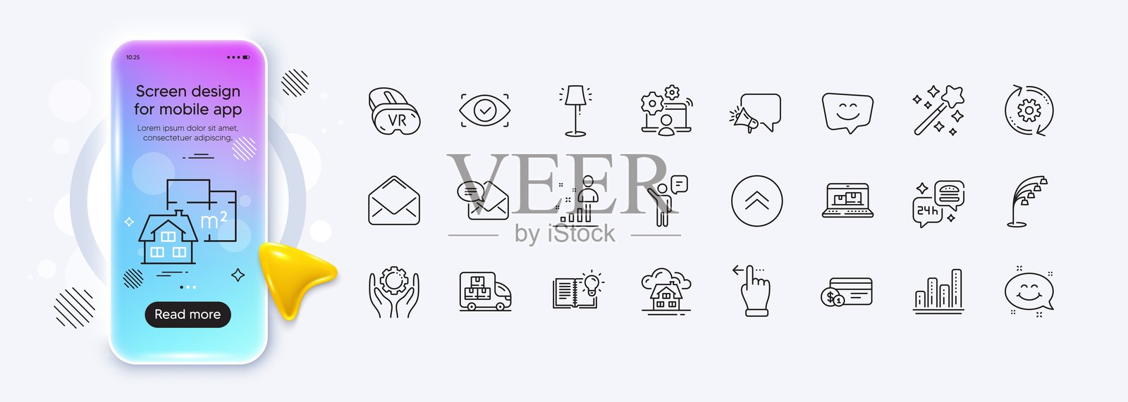 齿轮、落地灯和图表线条图标用于网页应用。图标图示。手机模型渐变屏幕。矢量图。插画图片素材