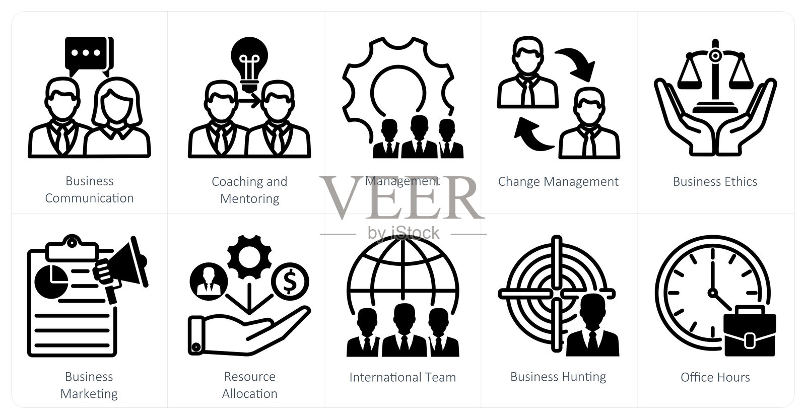 一组10个商业图标，代表商业沟通、辅导与指导、管理。插画图片素材