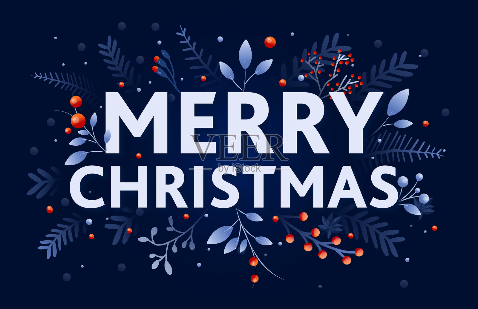 圣诞快乐季节问候卡设计模板，带有手绘的树枝和花卉插画图片素材