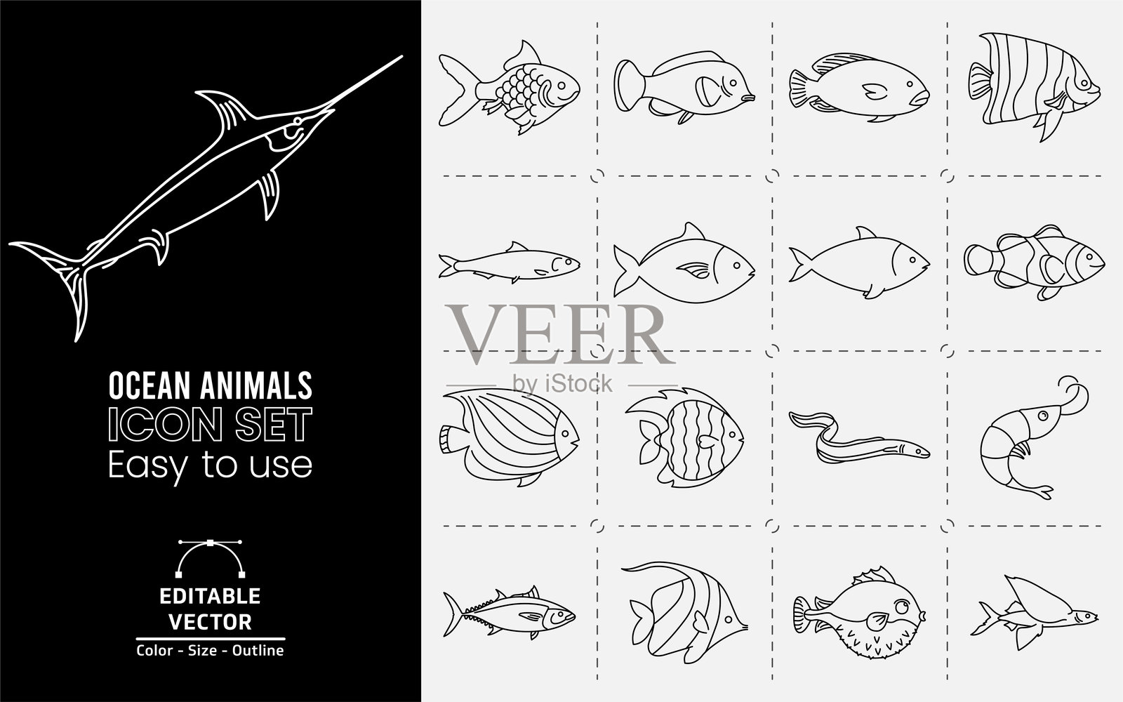 一组鱼类线条图标。插画图片素材