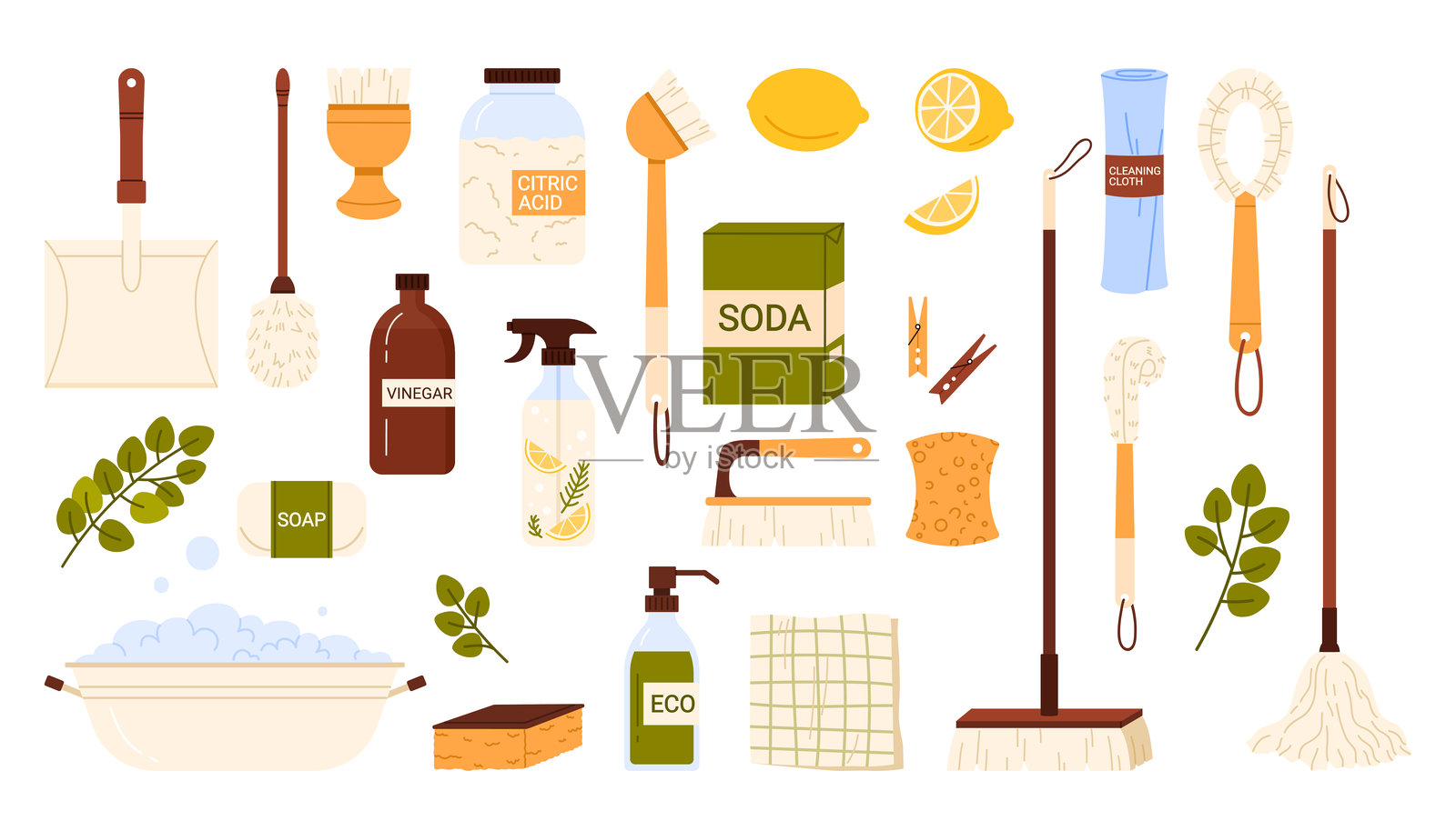 环保洗涤剂、天然卫生和清洁产品、家庭用品套装插画图片素材