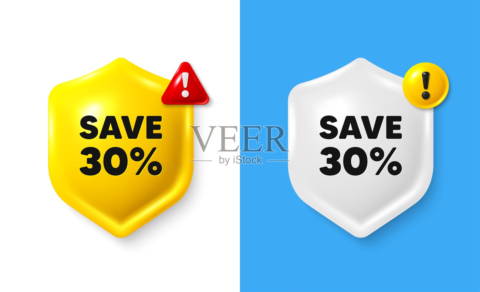 节省30%的优惠。销售折扣价格标志。带文本框的3D盾牌横幅。矢量图。插画图片素材