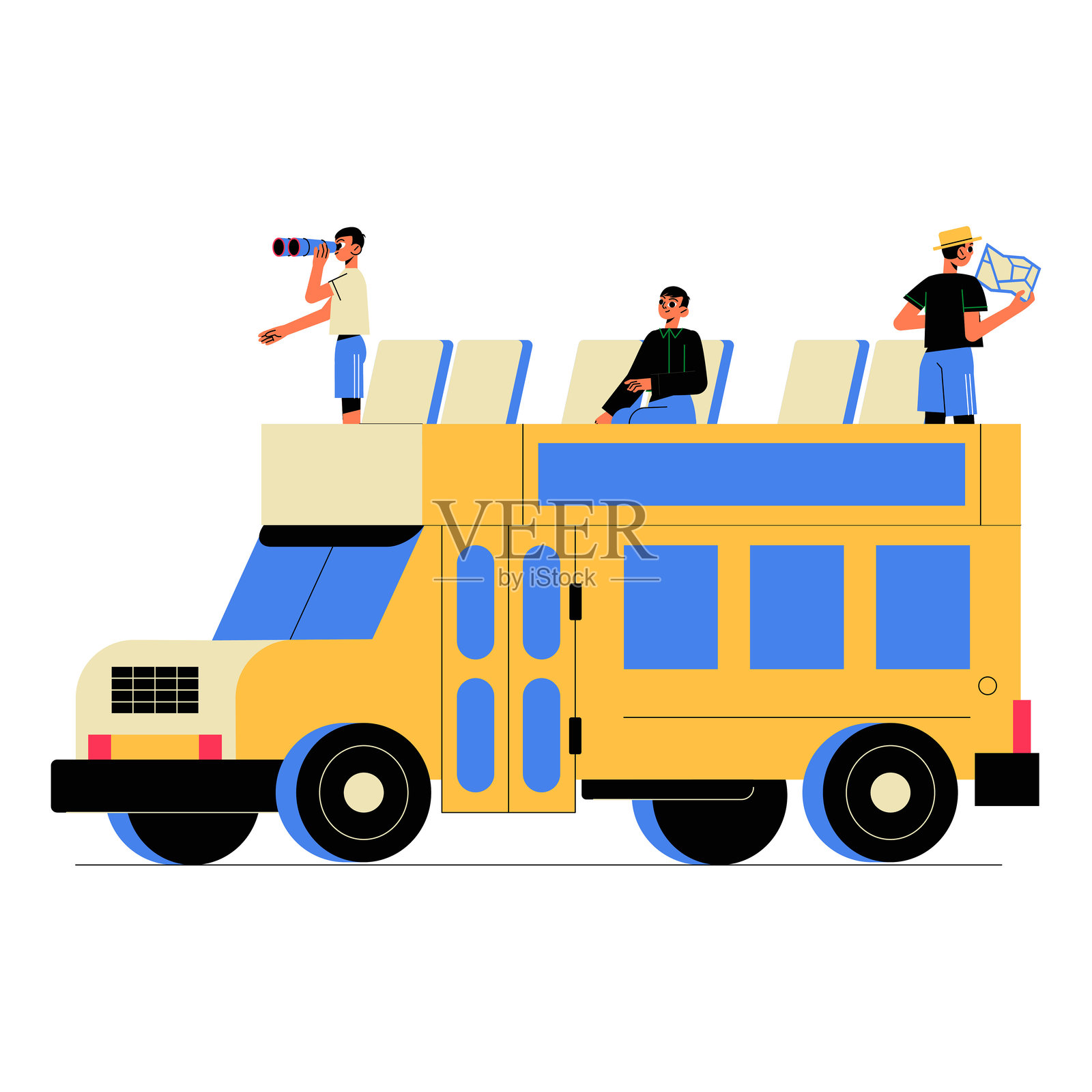 旅游巴士上有游客在屋顶观察地标，手持相机和地图，扁平化矢量插图象征着旅行、旅游和探索，背景为白色。插画图片素材