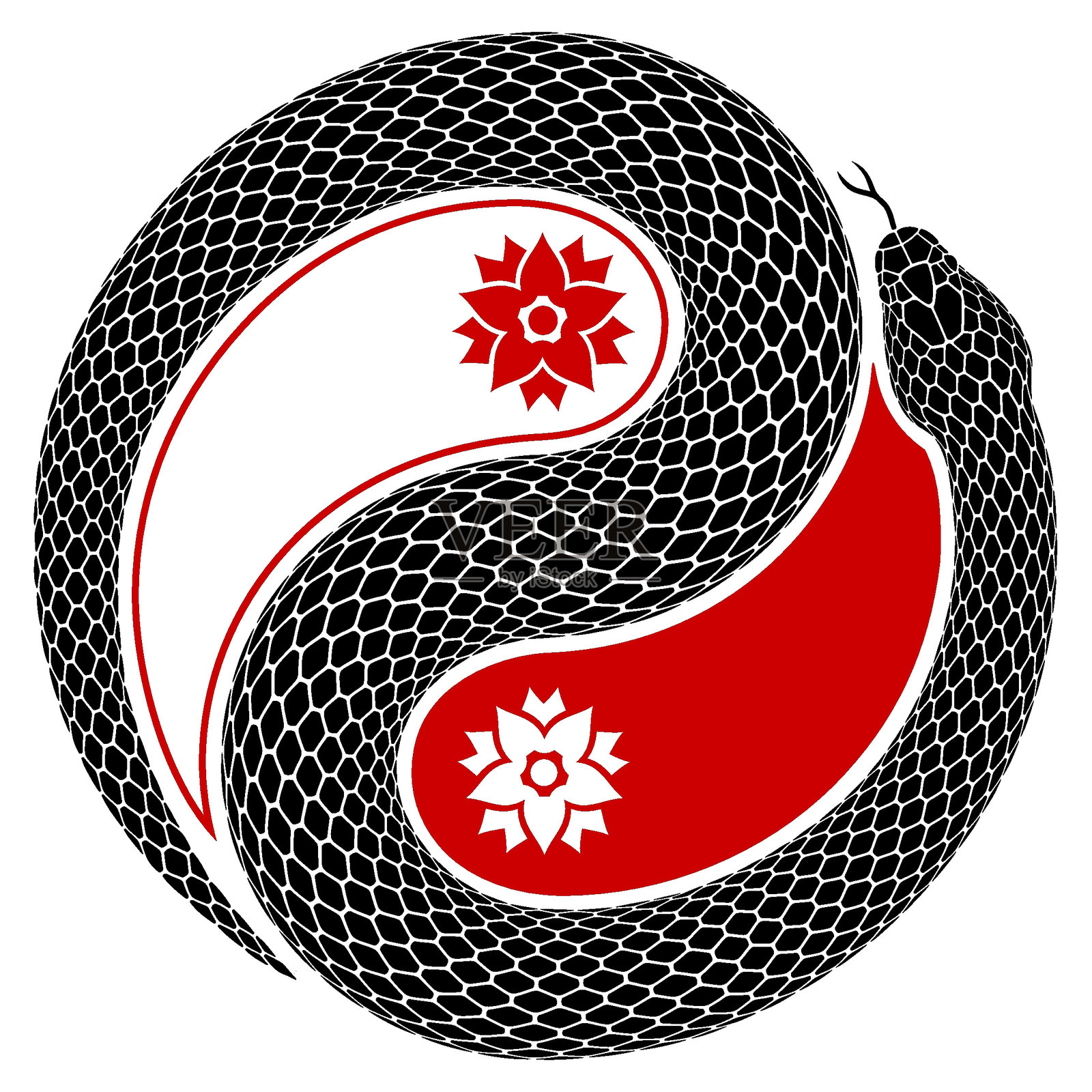 蛇缠绕成阴阳符号的矢量纹身设计。孤立的黑色蛇形轮廓展示了代表平衡与和谐的太极图标。插画图片素材