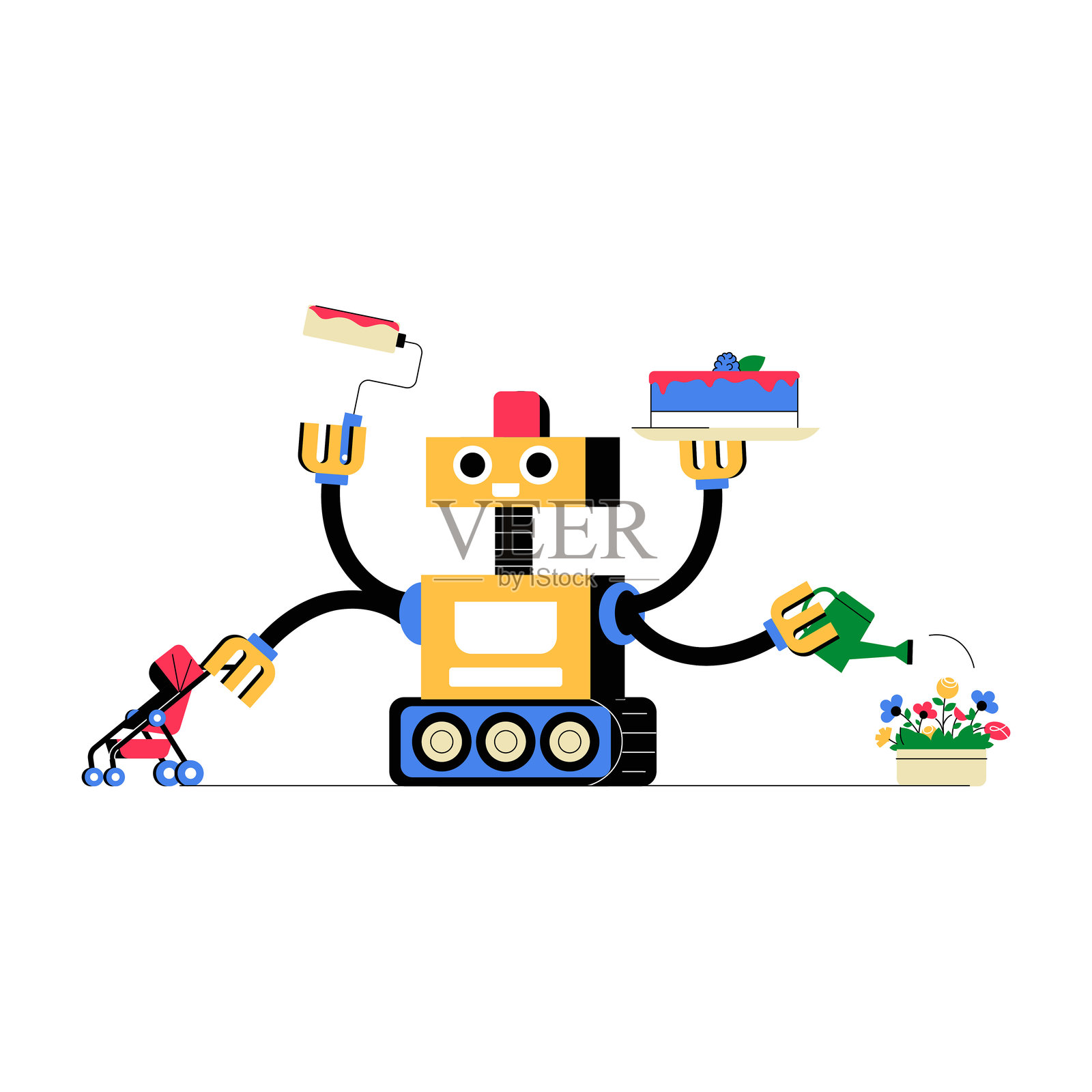 多功能机器人拥有多个手臂，处理各种家务任务，扁平化矢量插图展示了自动化、效率和机器人在家务中的应用，背景为白色。插画图片素材